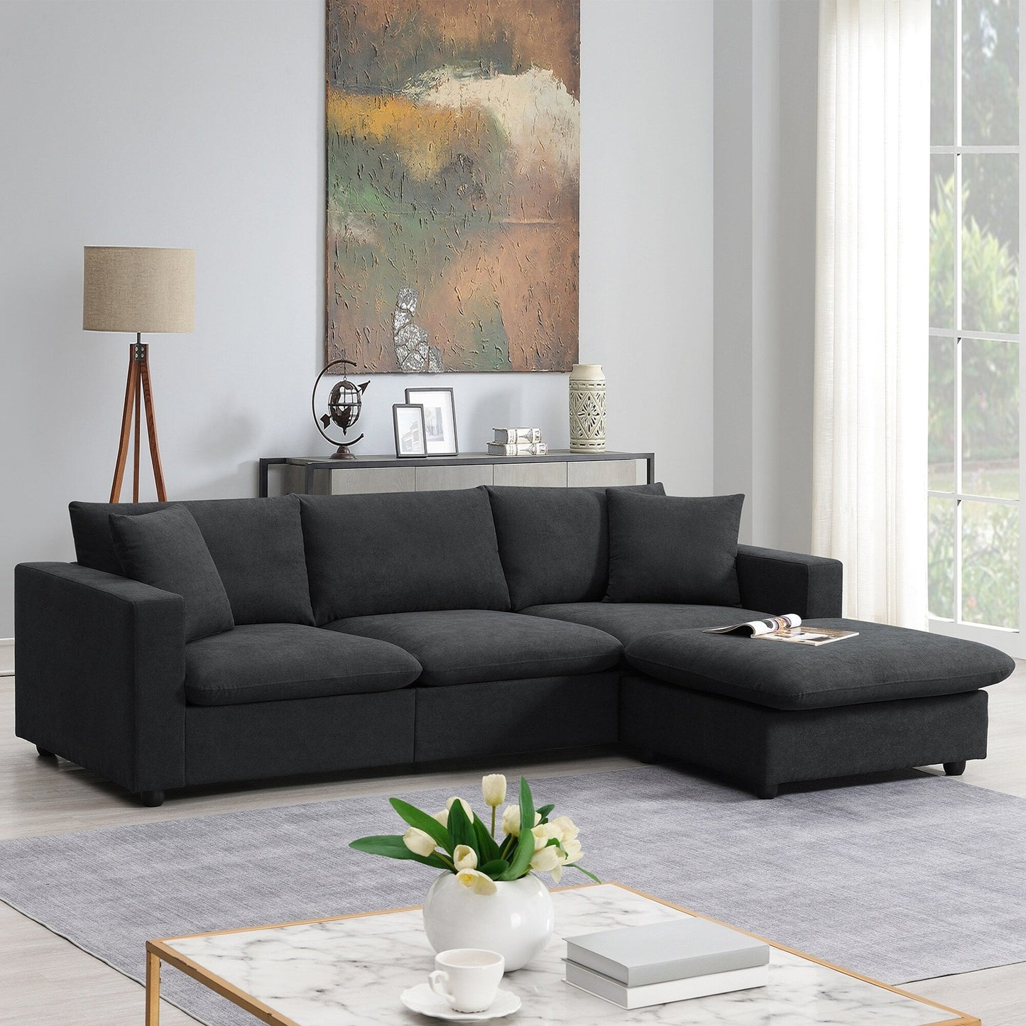 Sectional Sofa With Throw Pillows,L-Shaped Couch Set With Wide Seat,4 Seat Polyester Comfy Fabric Couch Set With Movable Ottoman