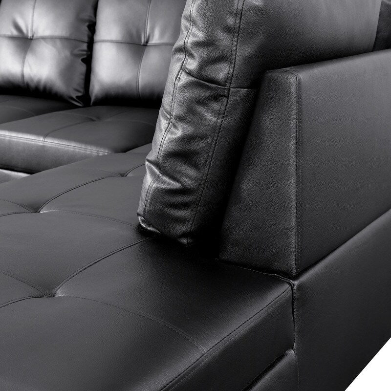 Sleek 3-Piece Black Faux Leather Couch Set, Modern Elegance for Your Living Room