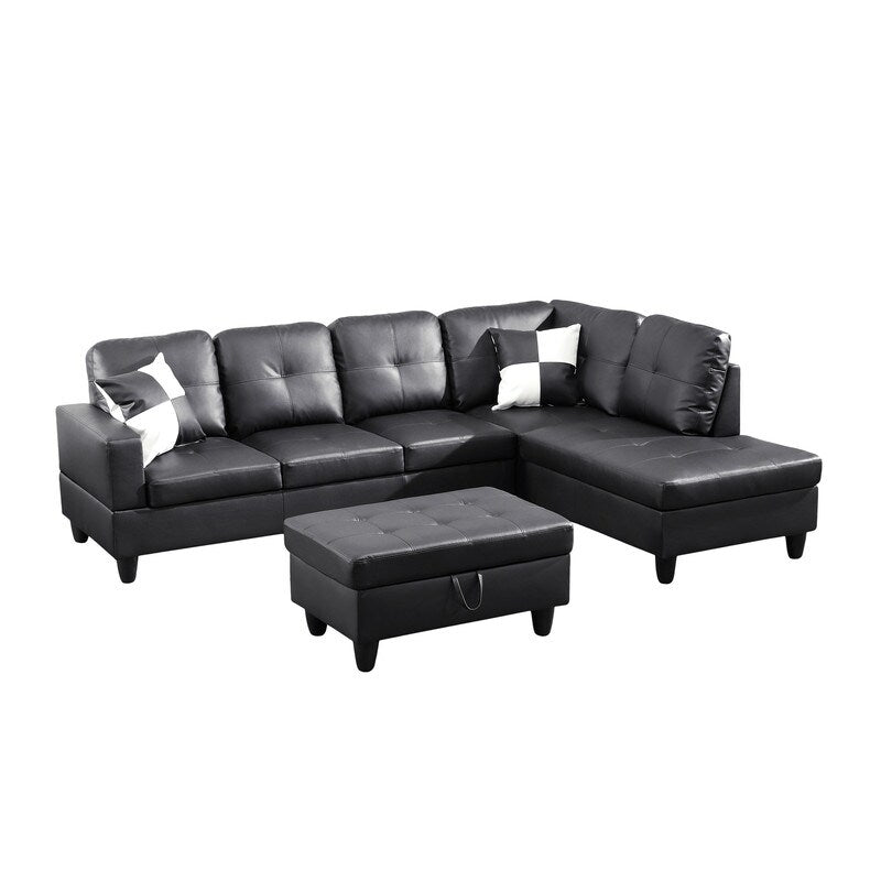 Sleek 3-Piece Black Faux Leather Couch Set, Modern Elegance for Your Living Room