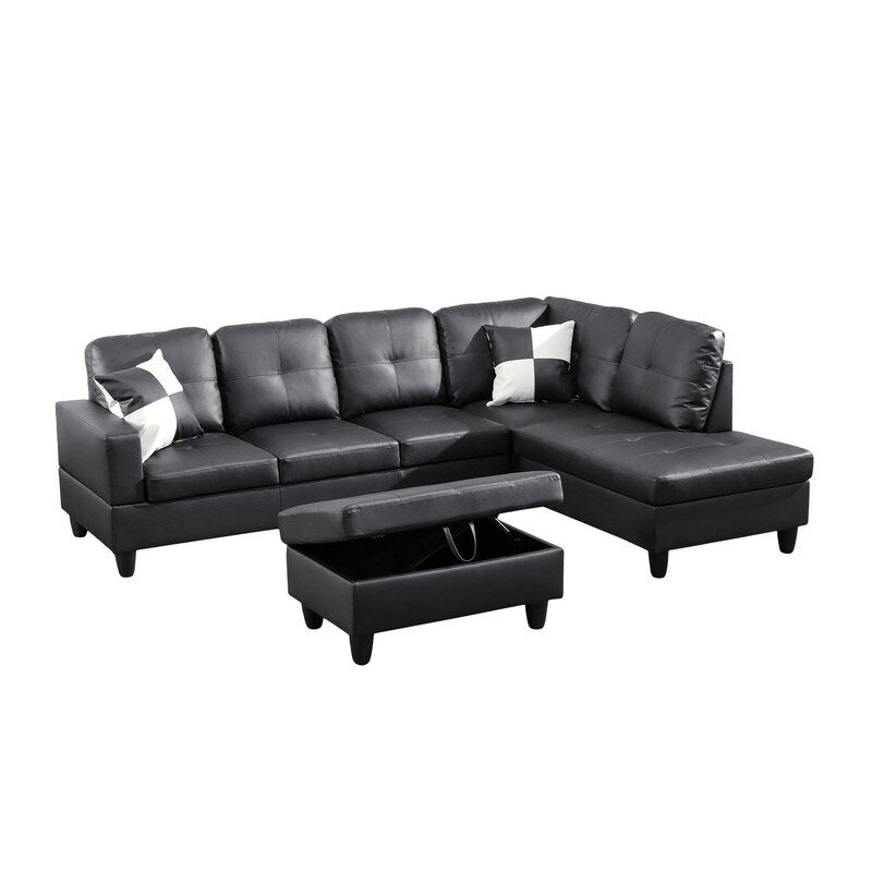 Sleek 3-Piece Black Faux Leather Couch Set, Modern Elegance for Your Living Room
