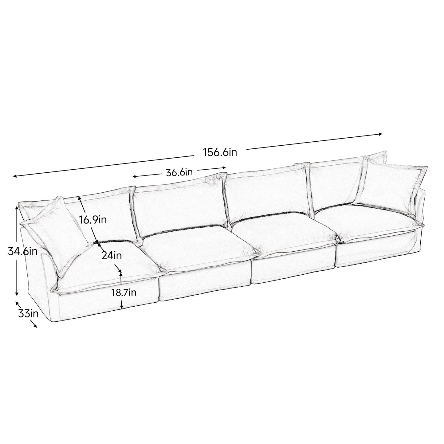 Slipcovered Long Sofa, 4 Seater Sofa with Removable Cover, Extra Deep Couch for Living Room