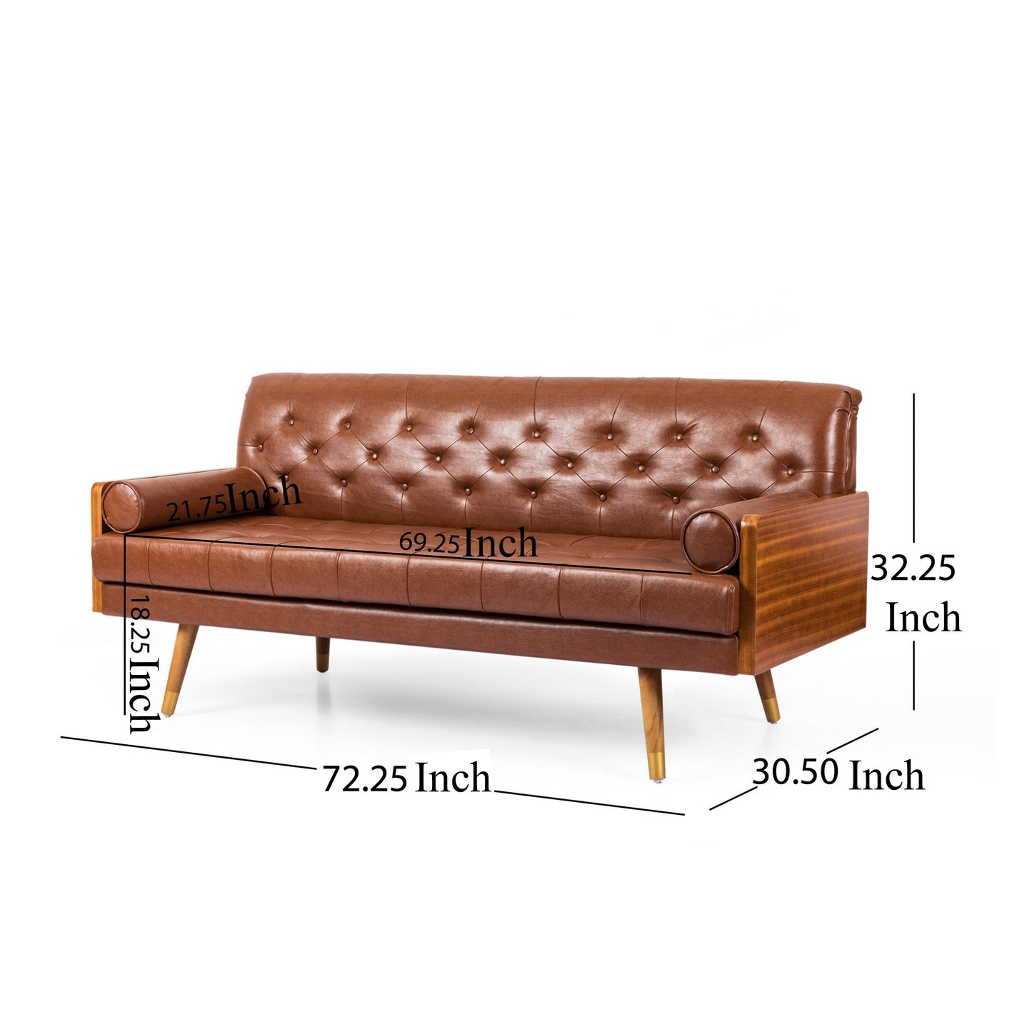 Sofa, 72 Inch Modern Chesterfield Button Tufted Brown Faux Leather