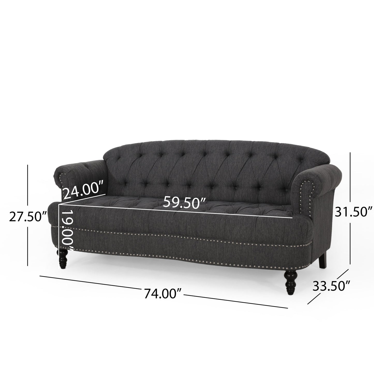 Sofa, 74 Inch 3 Seater, Rivet Accents, Button Tufted Charcoal Gray Fabric