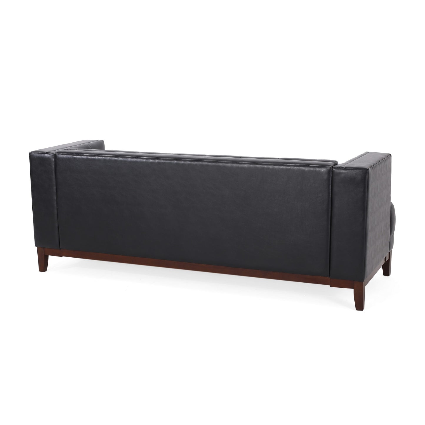 Sofa, 81 Inch 3 Seater, Tufted Black Faux Leather, Brown Wood Frame