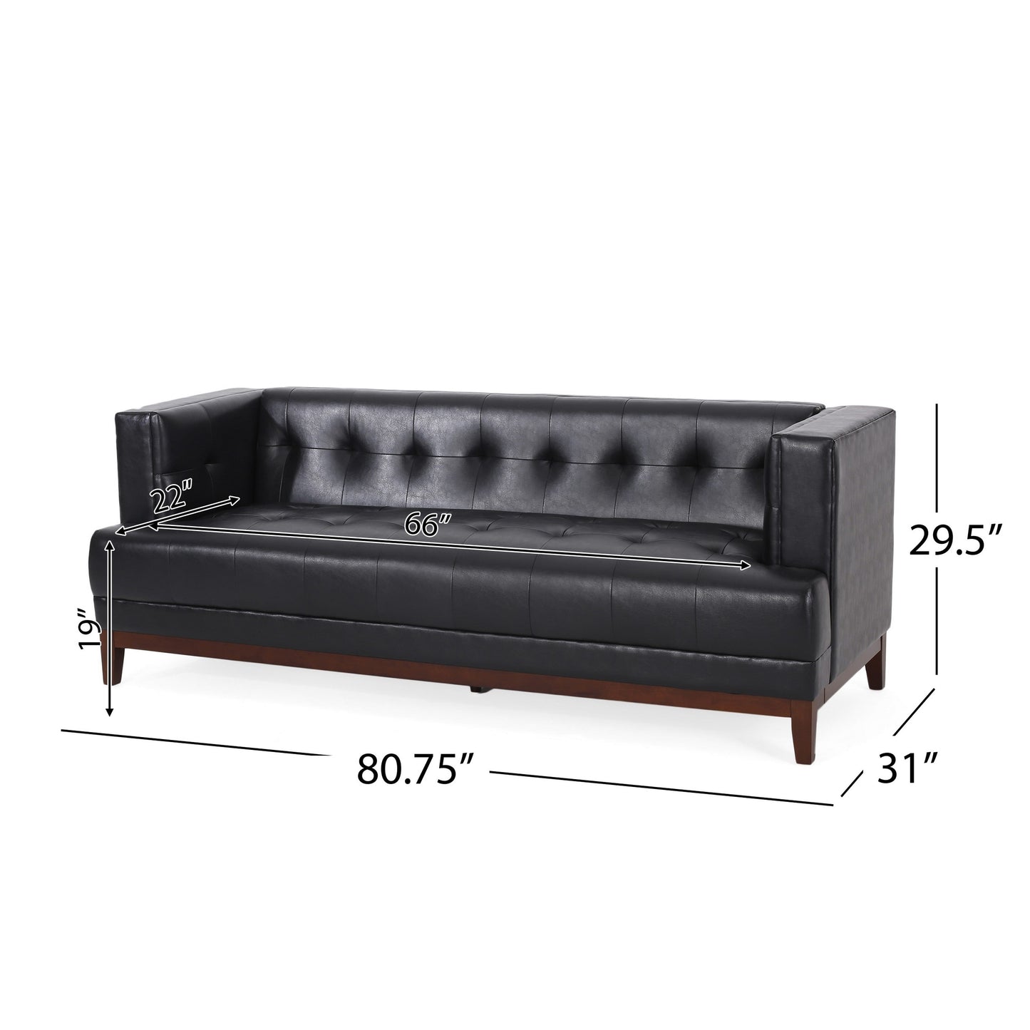Sofa, 81 Inch 3 Seater, Tufted Black Faux Leather, Brown Wood Frame