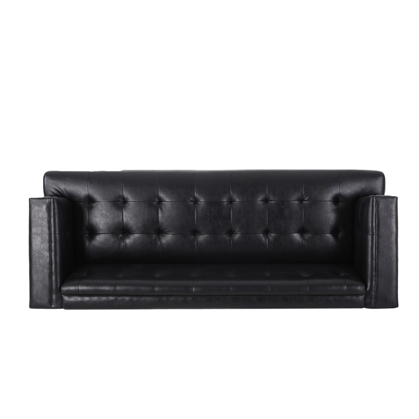 Sofa, 81 Inch 3 Seater, Tufted Black Faux Leather, Brown Wood Frame