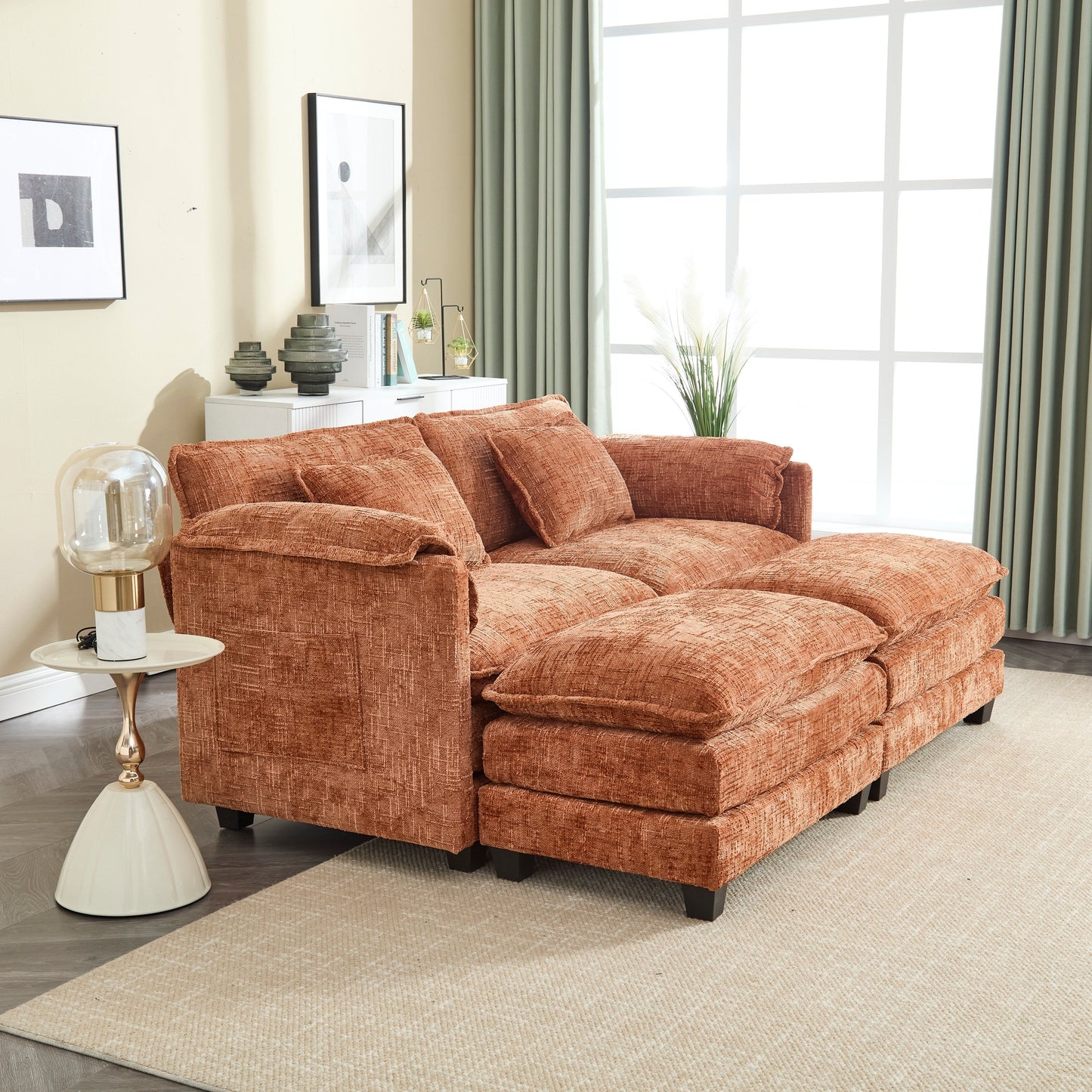 Solid Construction, the Overall Structure of the Sofa is Stable, Two Foot Stools and Two-seat Sofa with Side Pockets