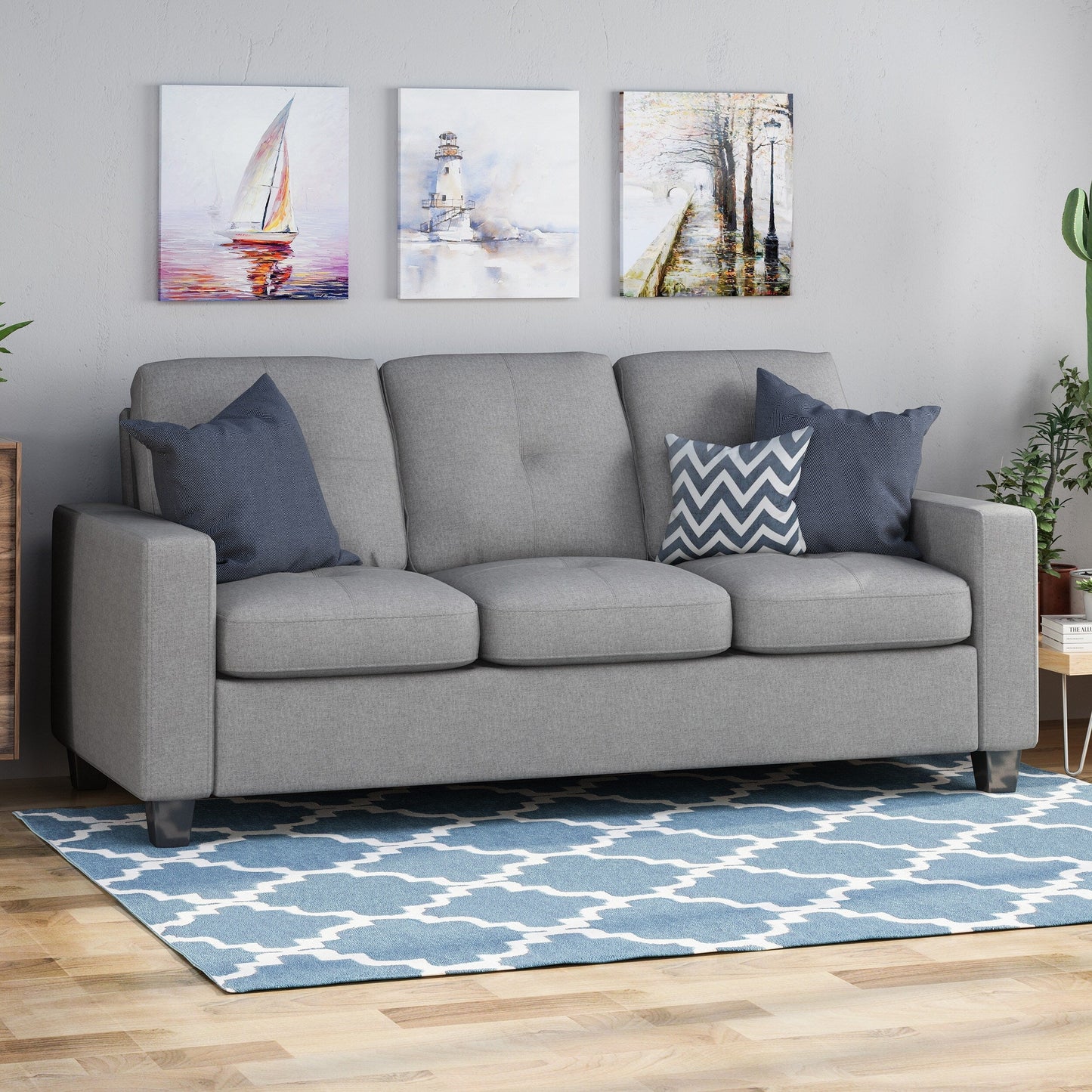 Square Arms Button Tufted 3-seater Sofa with Wood Legs