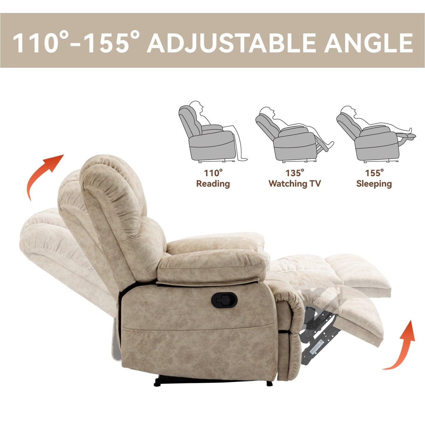 Standard Size Fabric Oversized Manual Recliner Chair with 155° Recline and Easy Assembly
