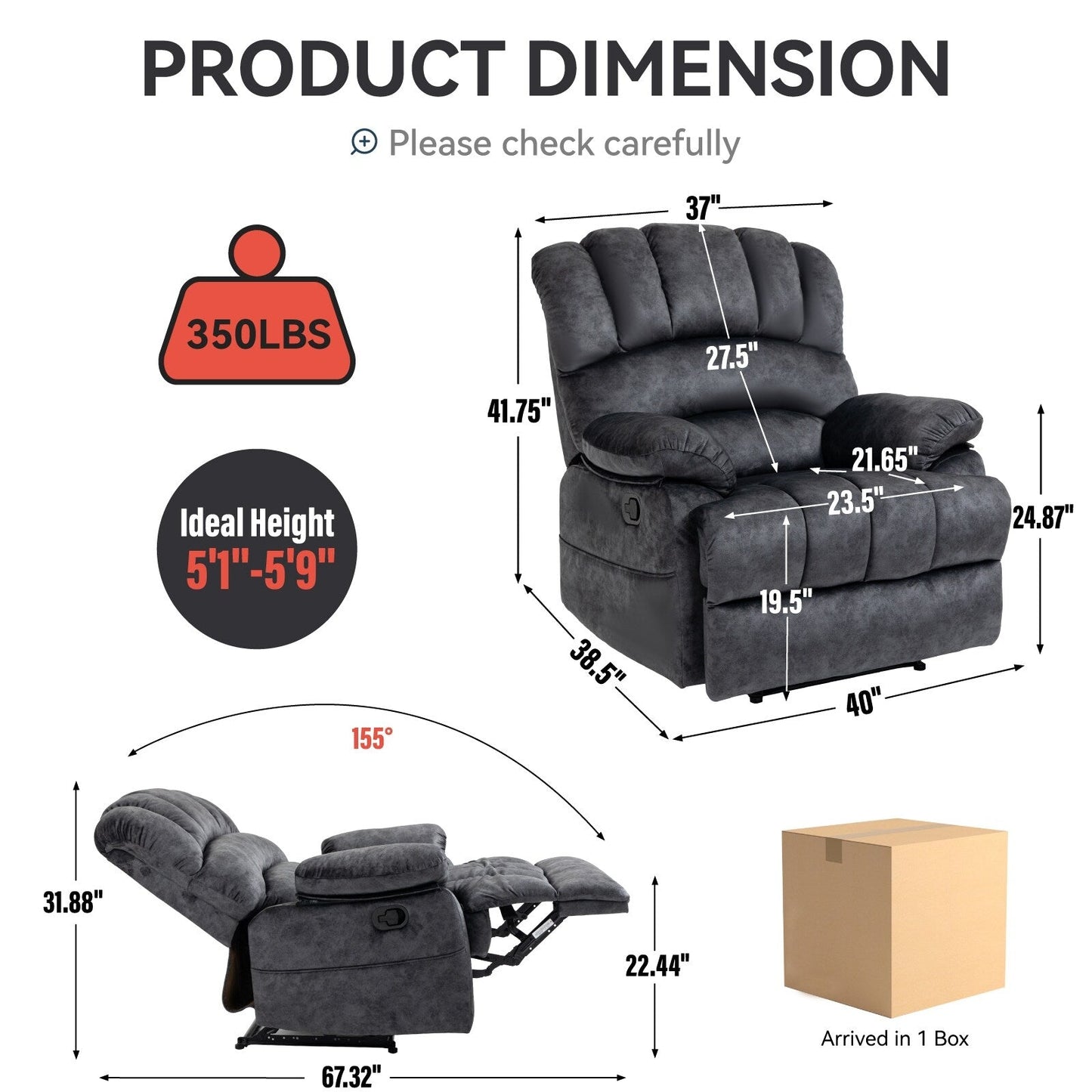 Standard Size Fabric Oversized Manual Recliner Chair with 155° Recline and Easy Assembly