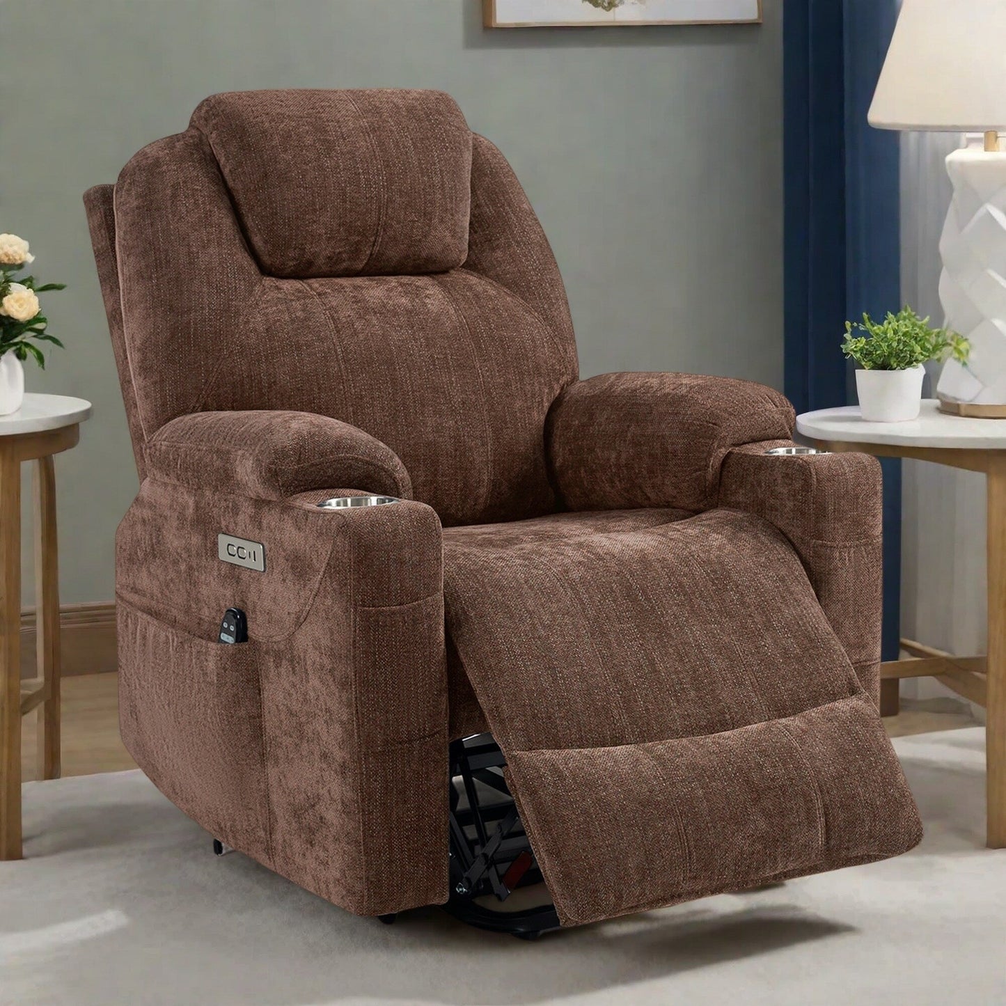 Standard Size Power Lift Recliner Chair with Full-Body Massage, Lumbar Heating, USB Charging, and Cup Holders
