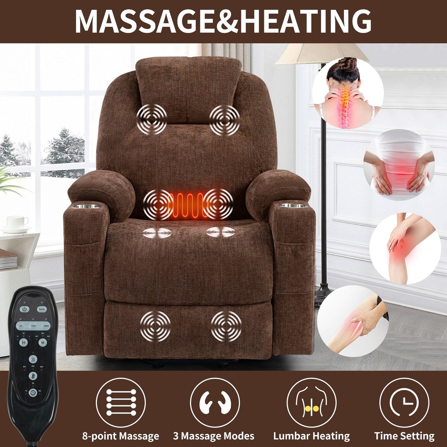 Standard Size Power Lift Recliner Chair with Full-Body Massage, Lumbar Heating, USB Charging, and Cup Holders