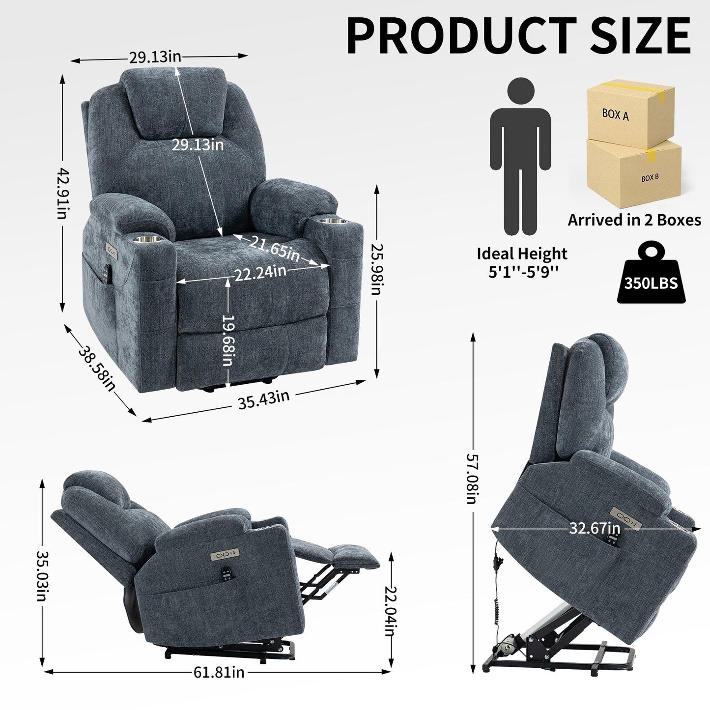 Standard Size Power Lift Recliner Chair with Full-Body Massage, Lumbar Heating, USB Charging, and Cup Holders