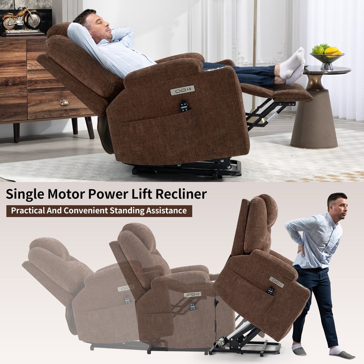Standard Size Power Lift Recliner Chair with Full-Body Massage, Lumbar Heating, USB Charging, and Cup Holders
