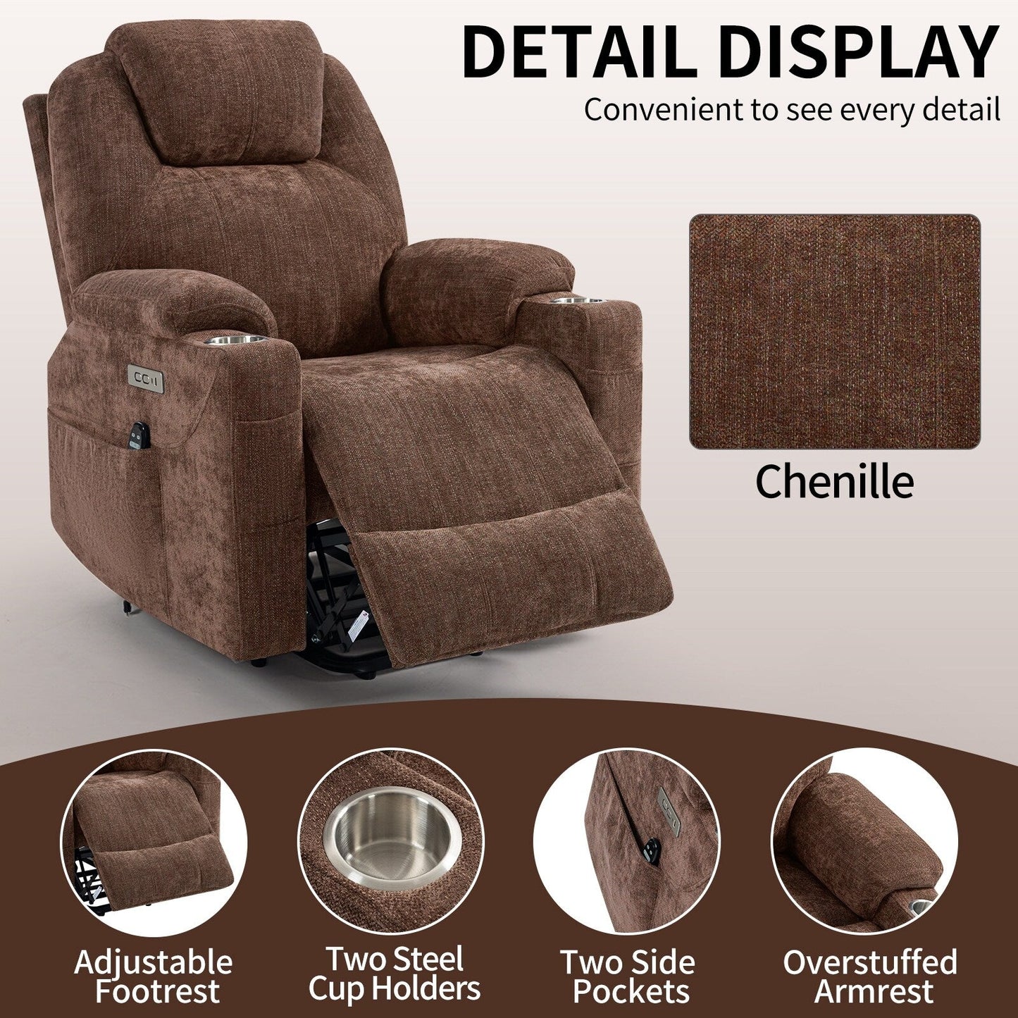 Standard Size Power Lift Recliner Chair with Full-Body Massage, Lumbar Heating, USB Charging, and Cup Holders
