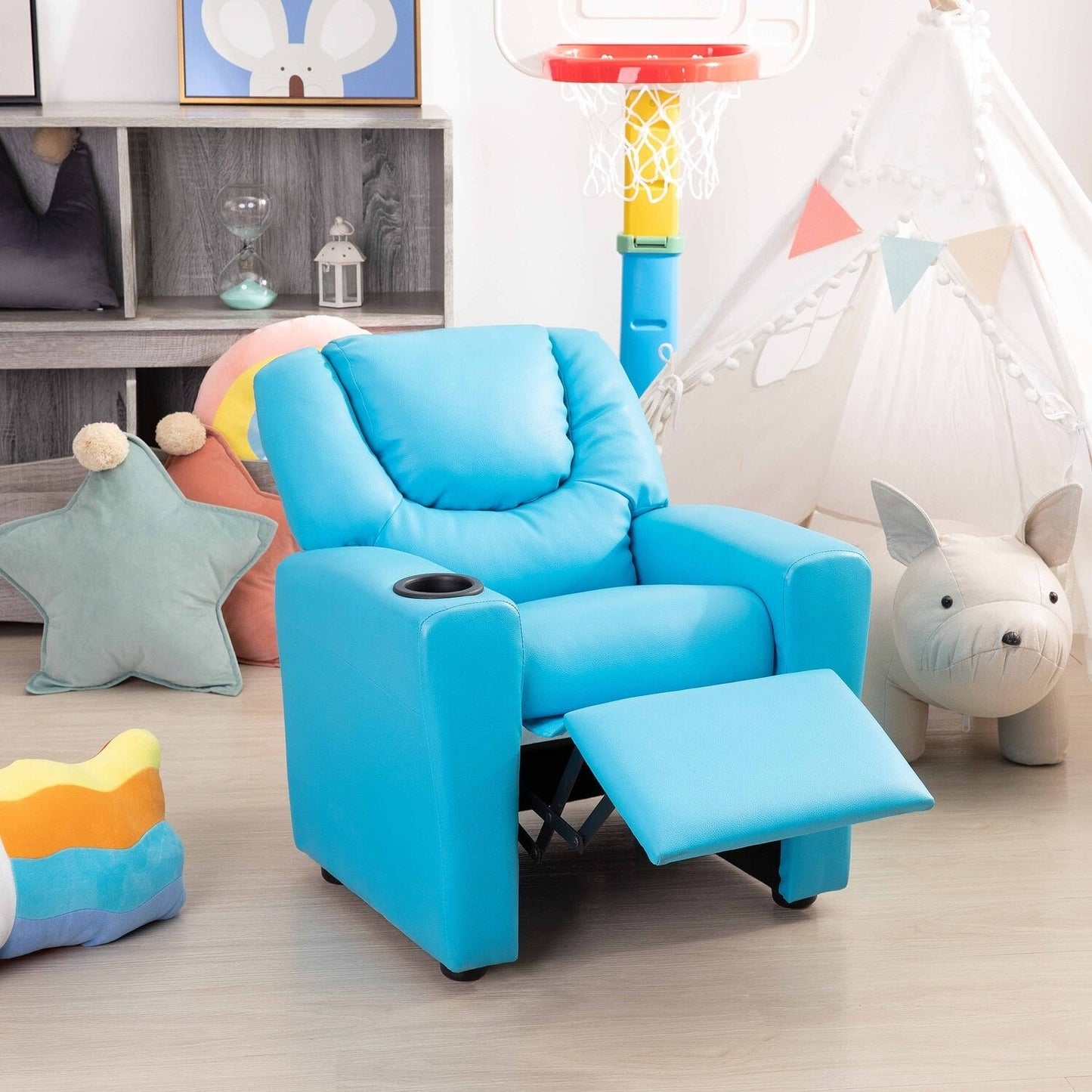 PVC Kids Recliner Chair with Push-Back Reclining Function, Cup Holder, and Comfortable Footres