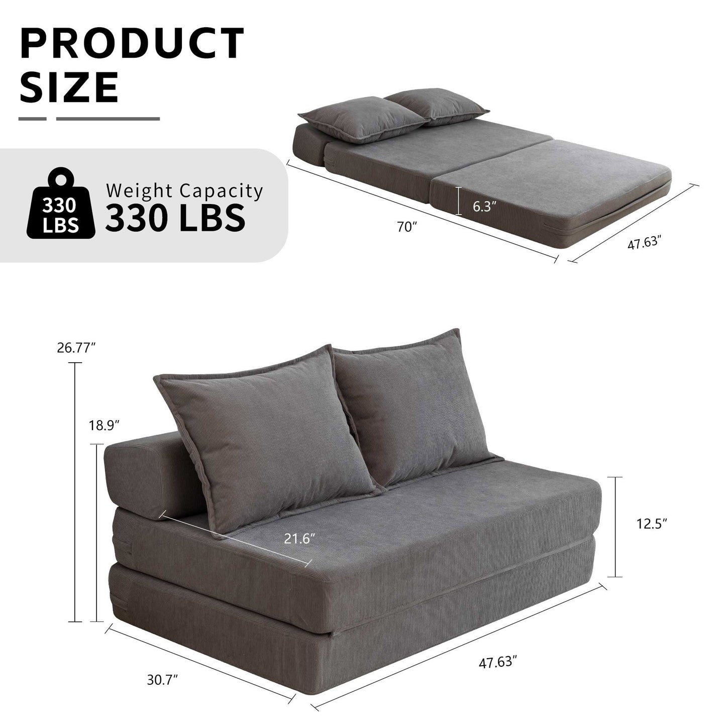 Twin Convertible Sleeper - Multi-Functional Folding Sofa Bed with Pillow & Adjustable Backrest, Ideal for Dorms/Guest Rooms