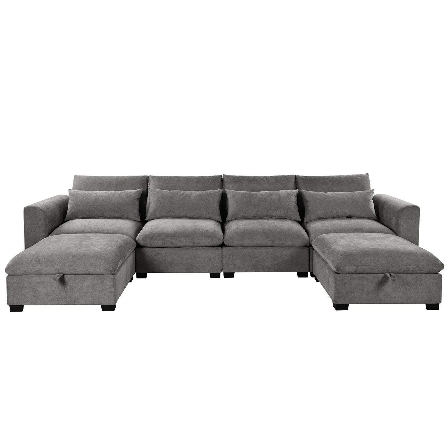 U-Shaped Linen Upholstered 6-Seat Sectional Sofa with 2 Movable Storage Ottomans for Living Room Home Theaters