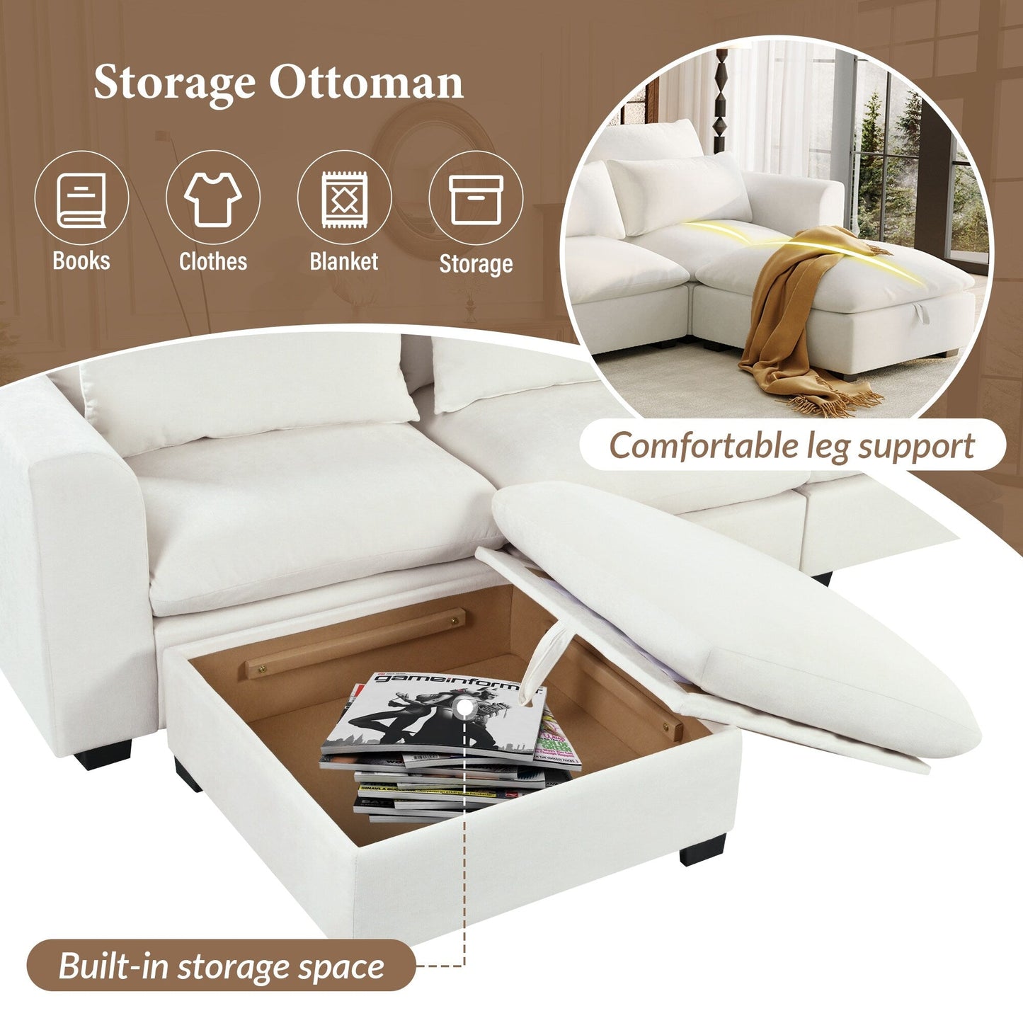 U-Shaped Linen Upholstered 6-Seat Sectional Sofa with 2 Movable Storage Ottomans for Living Room Home Theaters