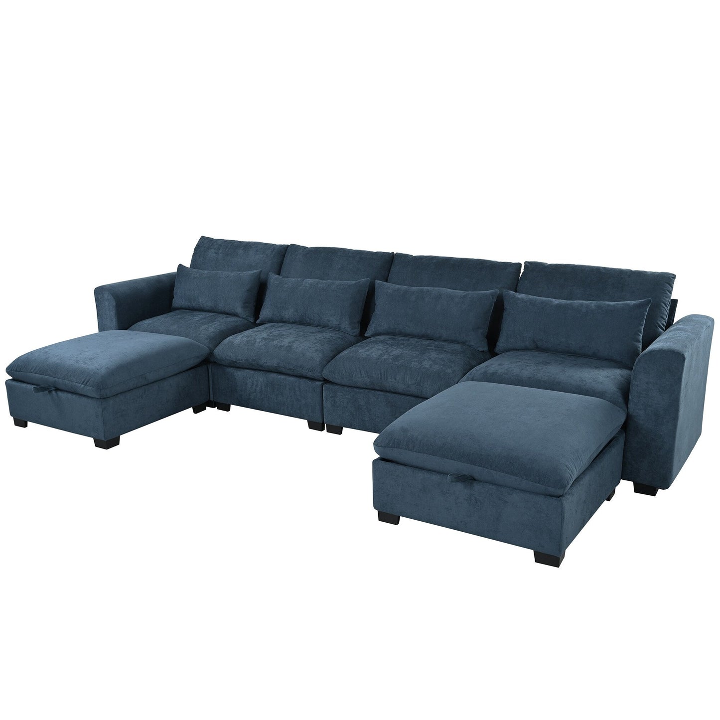 U-Shaped Linen Upholstered 6-Seat Sectional Sofa with 2 Movable Storage Ottomans for Living Room Home Theaters