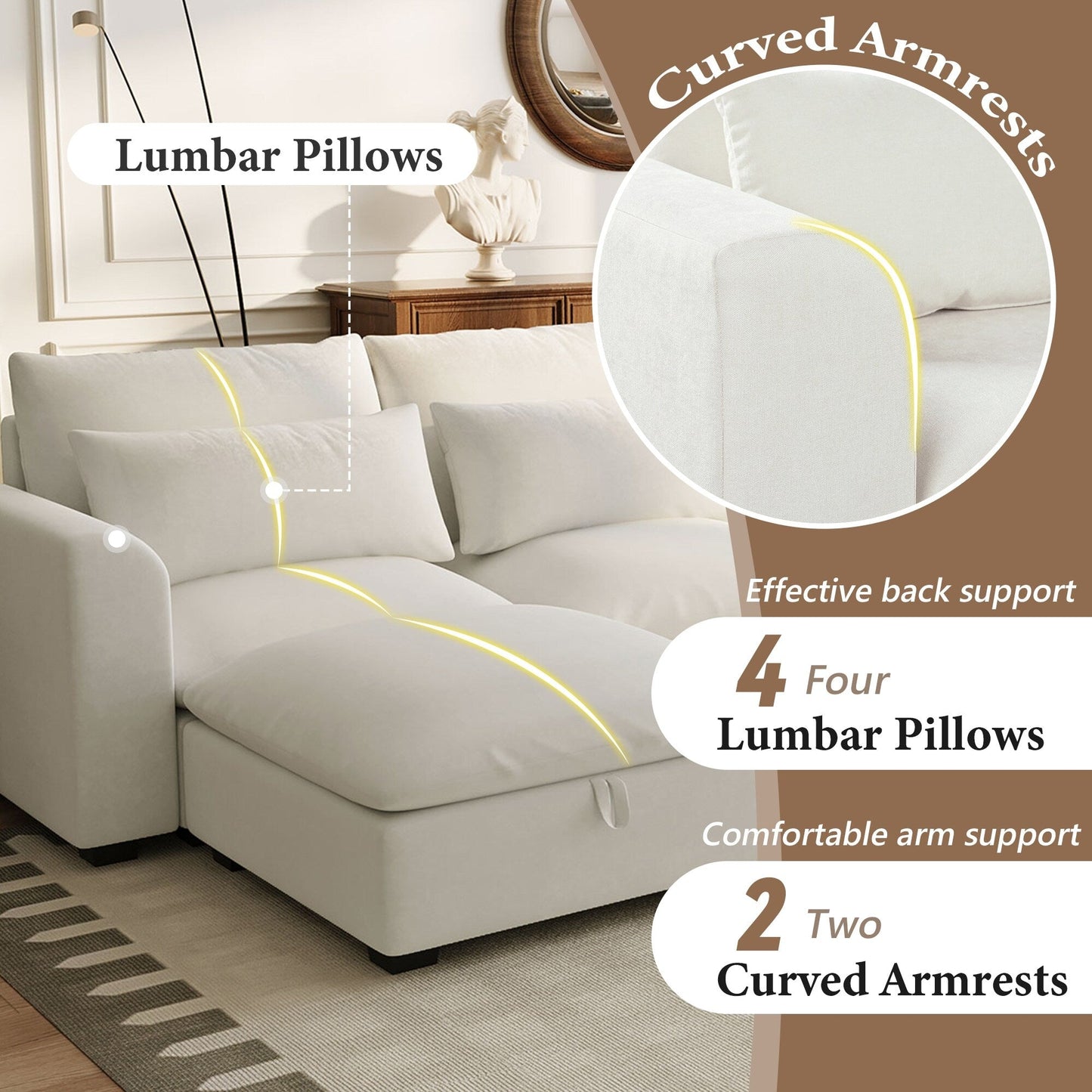 U-Shaped Linen Upholstered 6-Seat Sectional Sofa with 2 Movable Storage Ottomans for Living Room Home Theaters