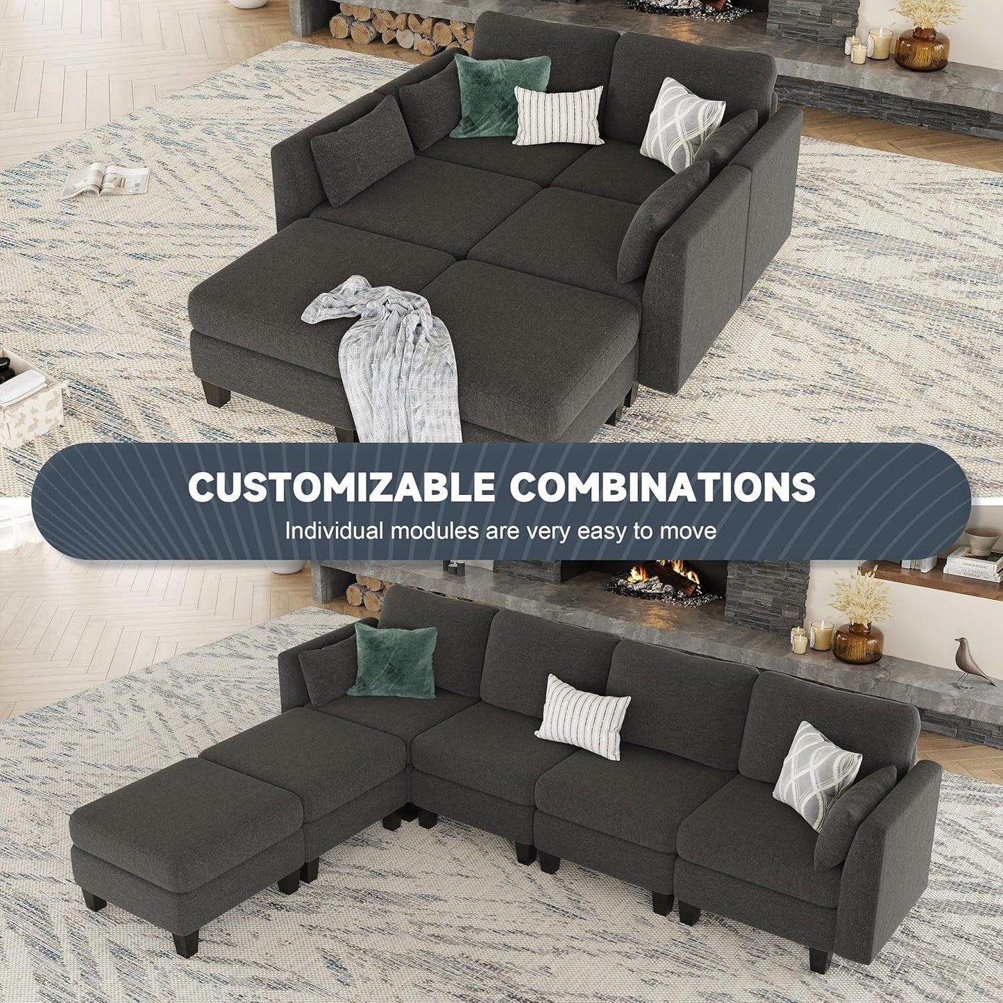 U-Shaped Modular Sectional Sofa - 6 Seat Convertible Couch with High Density Memory Foam, Modern Comfy Living Room SofaÂ