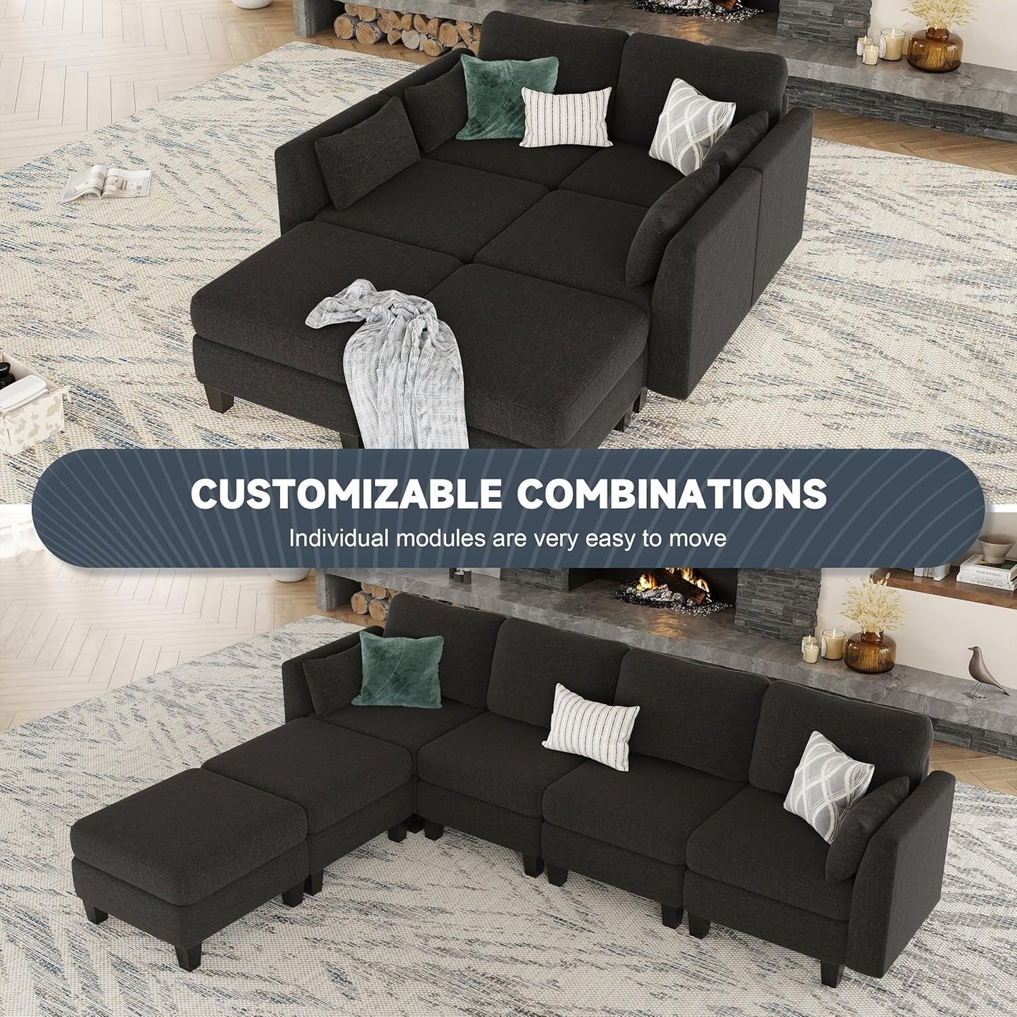 U-Shaped Modular Sectional Sofa - 6 Seat Convertible Couch with High Density Memory Foam, Modern Comfy Living Room SofaÂ