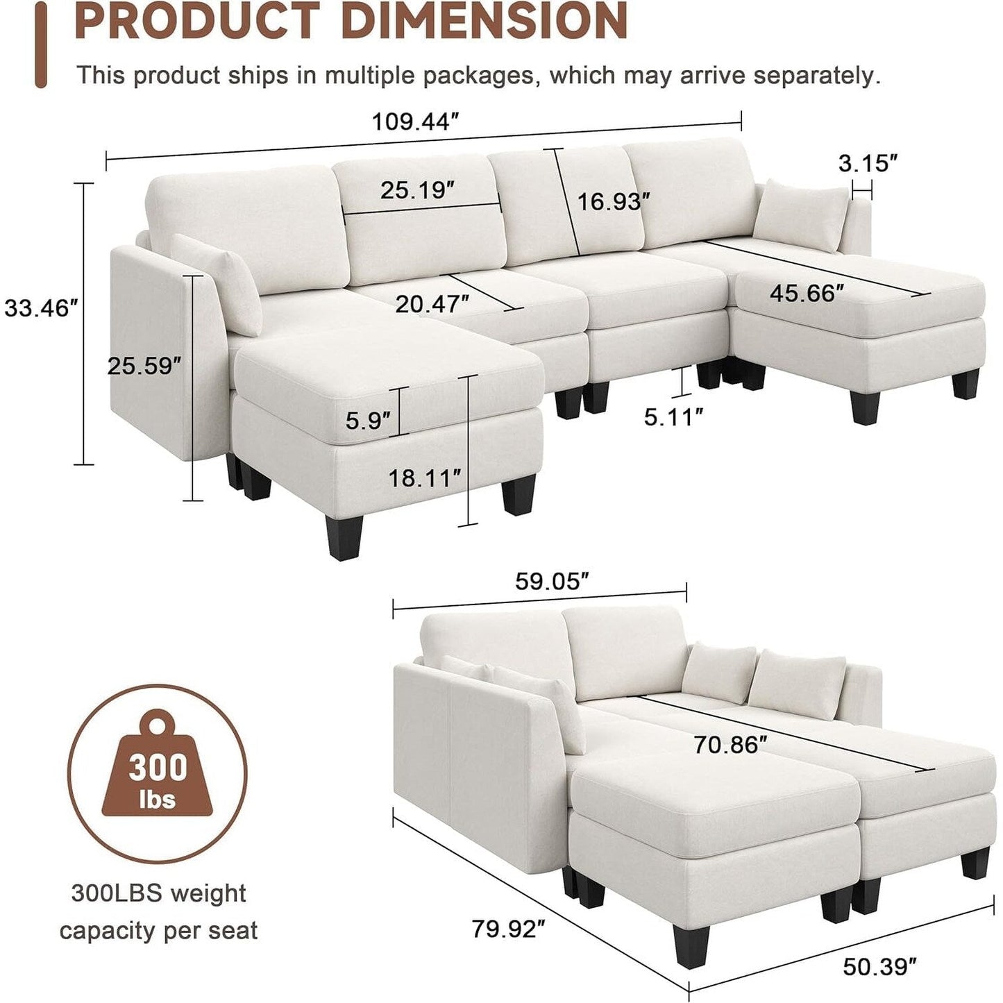 U-Shaped Modular Sectional Sofa - 6 Seat Convertible Couch with High Density Memory Foam, Modern Comfy Living Room SofaÂ
