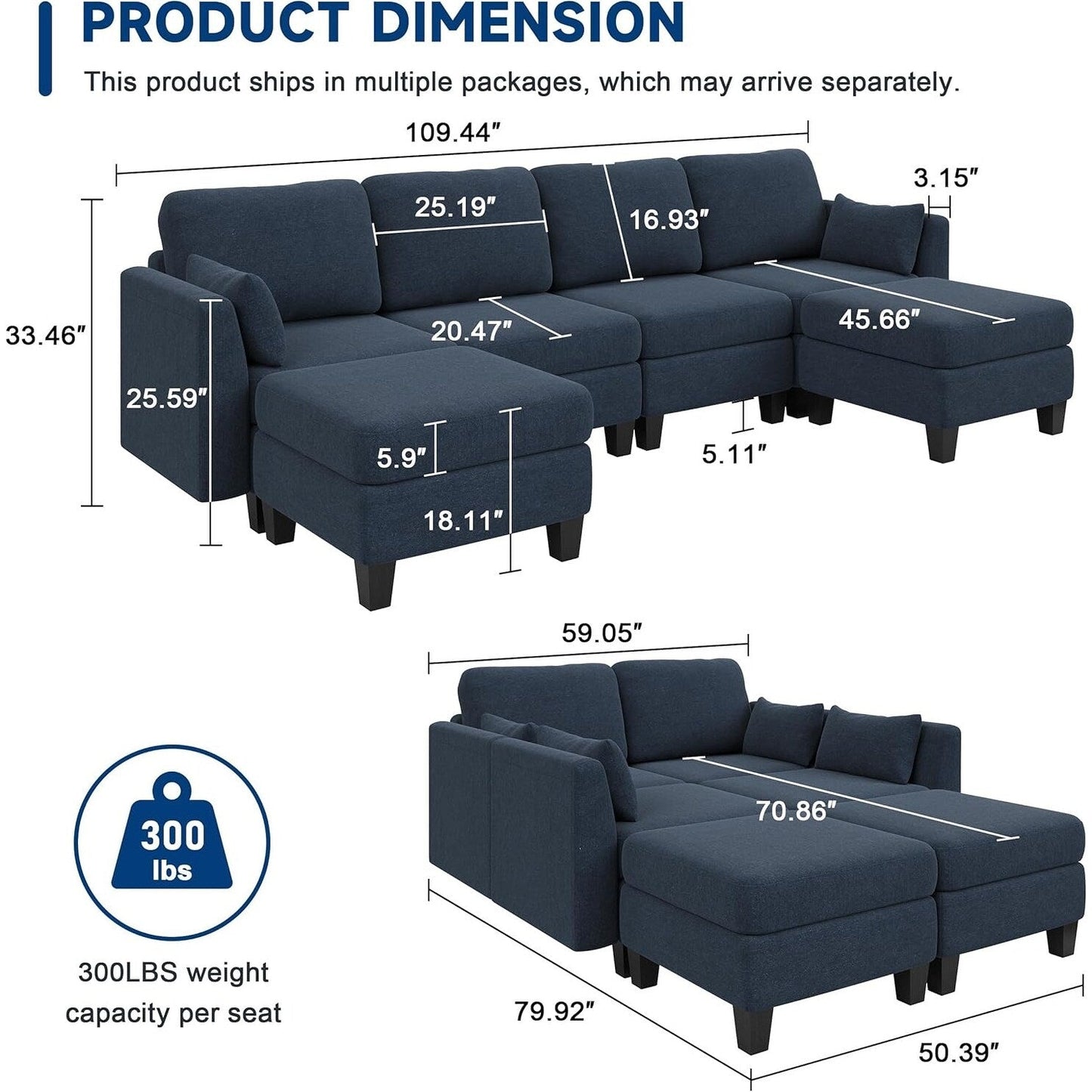 U-Shaped Modular Sectional Sofa - 6 Seat Convertible Couch with High Density Memory Foam, Modern Comfy Living Room SofaÂ