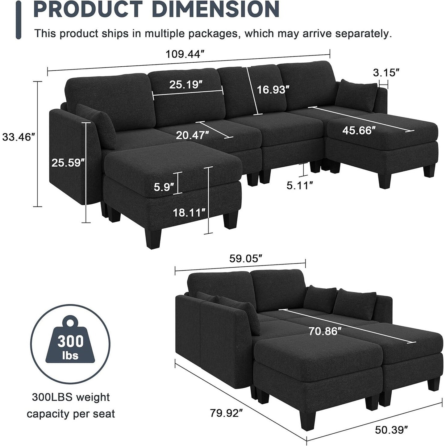 U-Shaped Modular Sectional Sofa - 6 Seat Convertible Couch with High Density Memory Foam, Modern Comfy Living Room SofaÂ