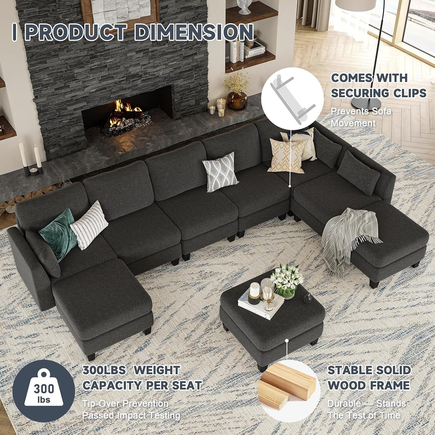 U-Shaped Modular Sectional Sofa - 6 Seat Convertible Couch with High Density Memory Foam, Modern Comfy Living Room SofaÂ