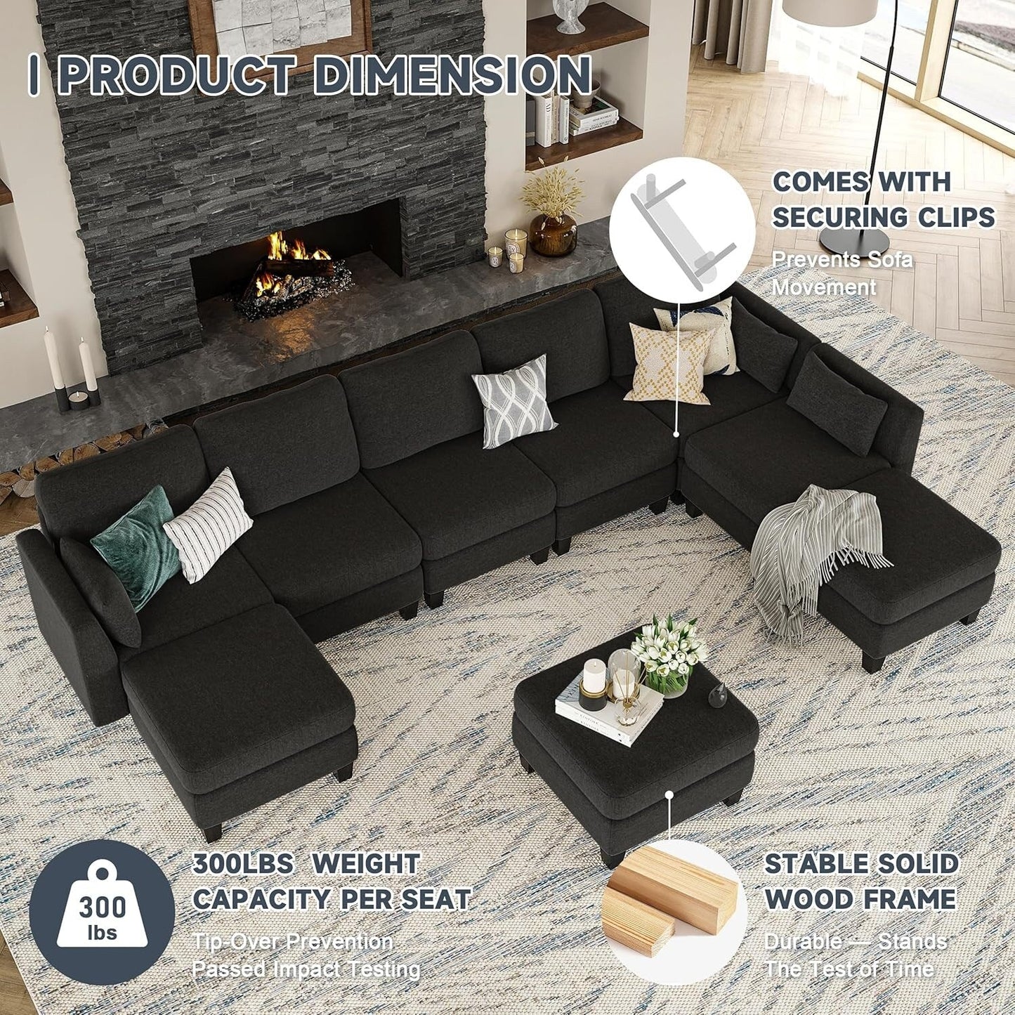 U-Shaped Modular Sectional Sofa - 6 Seat Convertible Couch with High Density Memory Foam, Modern Comfy Living Room SofaÂ