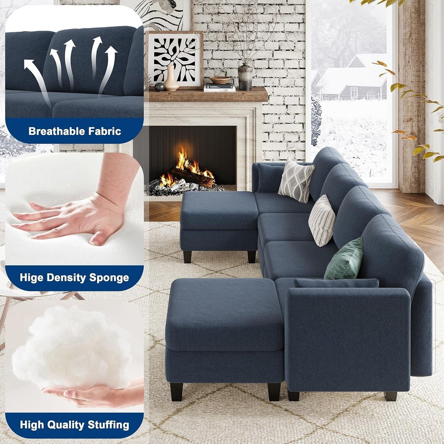 U-Shaped Modular Sectional Sofa - 6 Seat Convertible Couch with High Density Memory Foam, Modern Comfy Living Room SofaÂ