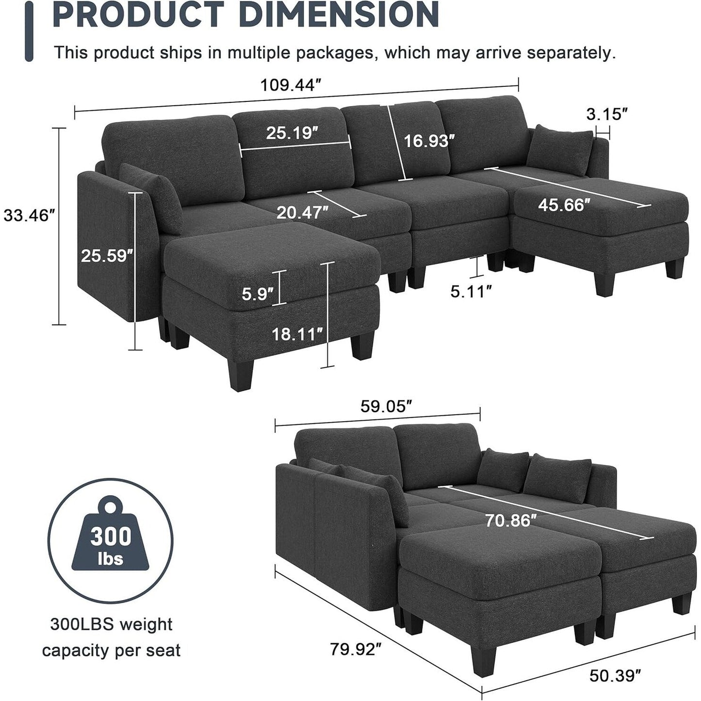 U-Shaped Modular Sectional Sofa - 6 Seat Convertible Couch with High Density Memory Foam, Modern Comfy Living Room SofaÂ