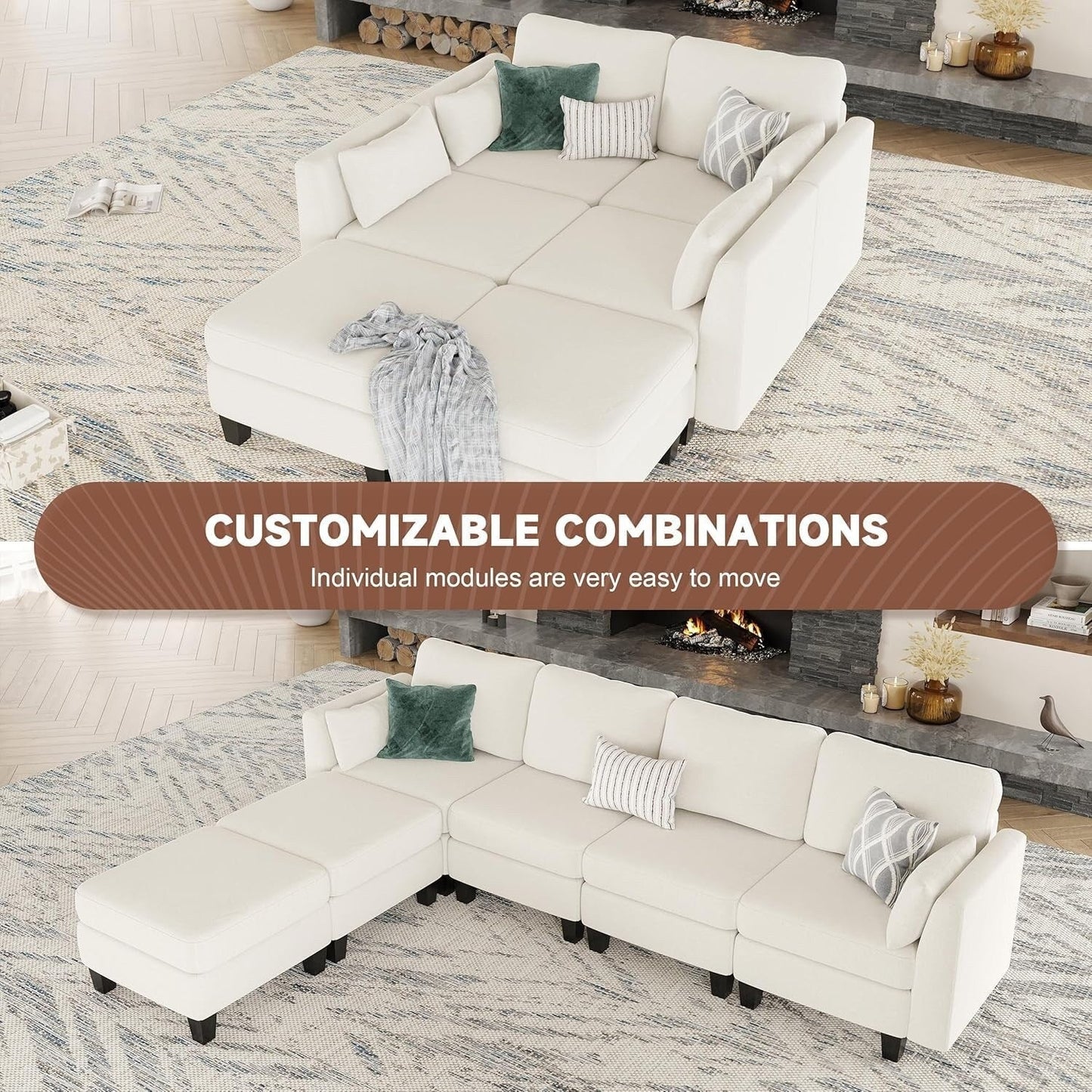 U-Shaped Modular Sectional Sofa - 6 Seat Convertible Couch with High Density Memory Foam, Modern Comfy Living Room SofaÂ