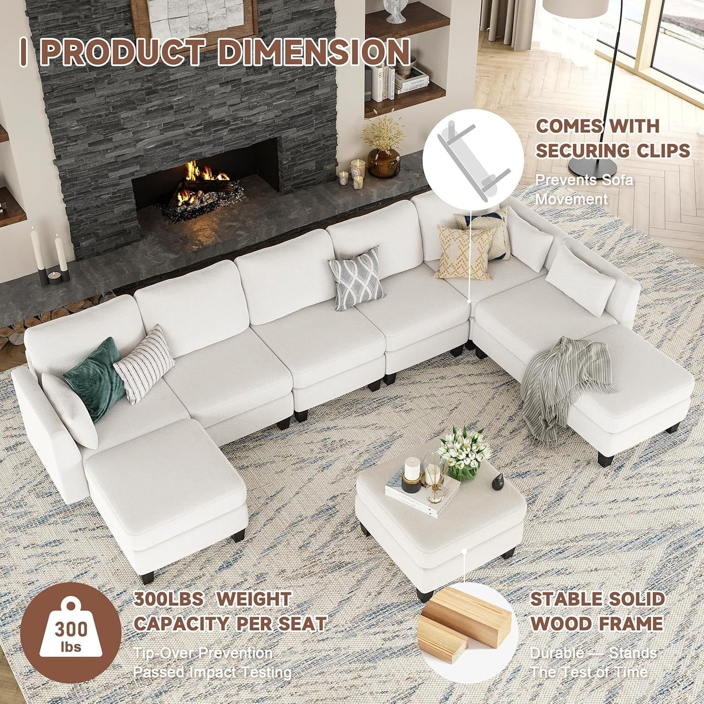 U-Shaped Modular Sectional Sofa - 6 Seat Convertible Couch with High Density Memory Foam, Modern Comfy Living Room SofaÂ
