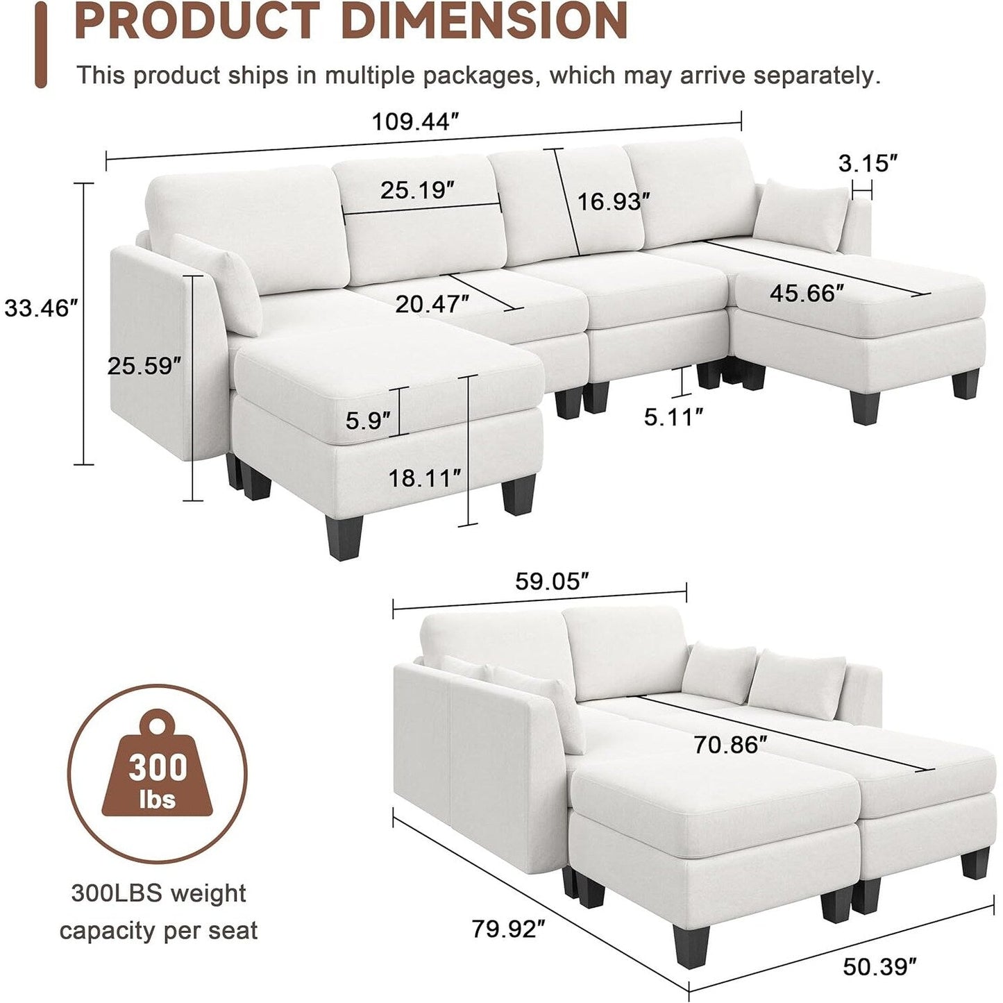 U-Shaped Modular Sectional Sofa - 6 Seat Convertible Couch with High Density Memory Foam, Modern Comfy Living Room SofaÂ