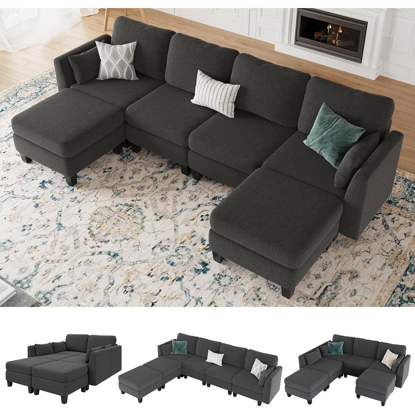 U-Shaped Modular Sectional Sofa - 6 Seat Convertible Couch with High Density Memory Foam, Modern Comfy Living Room SofaÂ