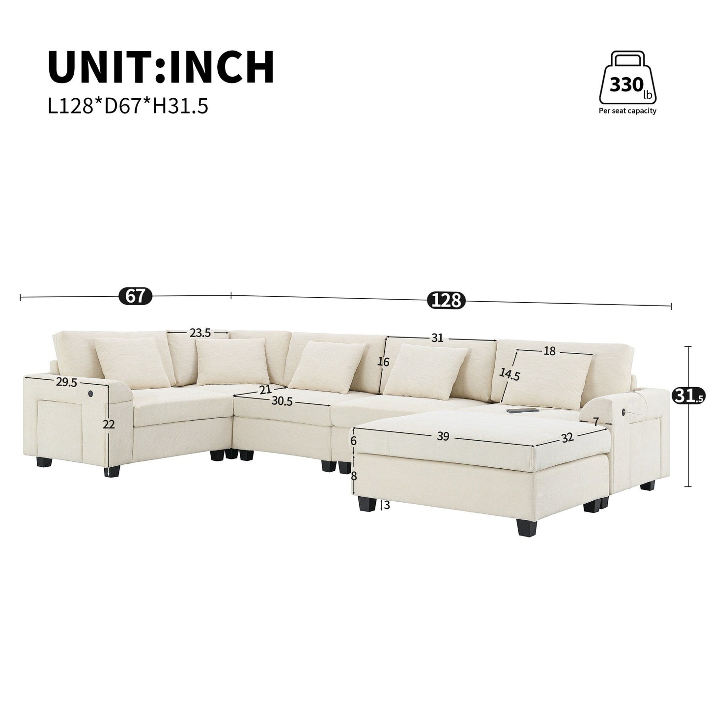 U Shaped Sectional Sofa,Chenille Couch Set With Ottoman,Hidden Armrest Storage And Cup Holders,Usb Charging Ports