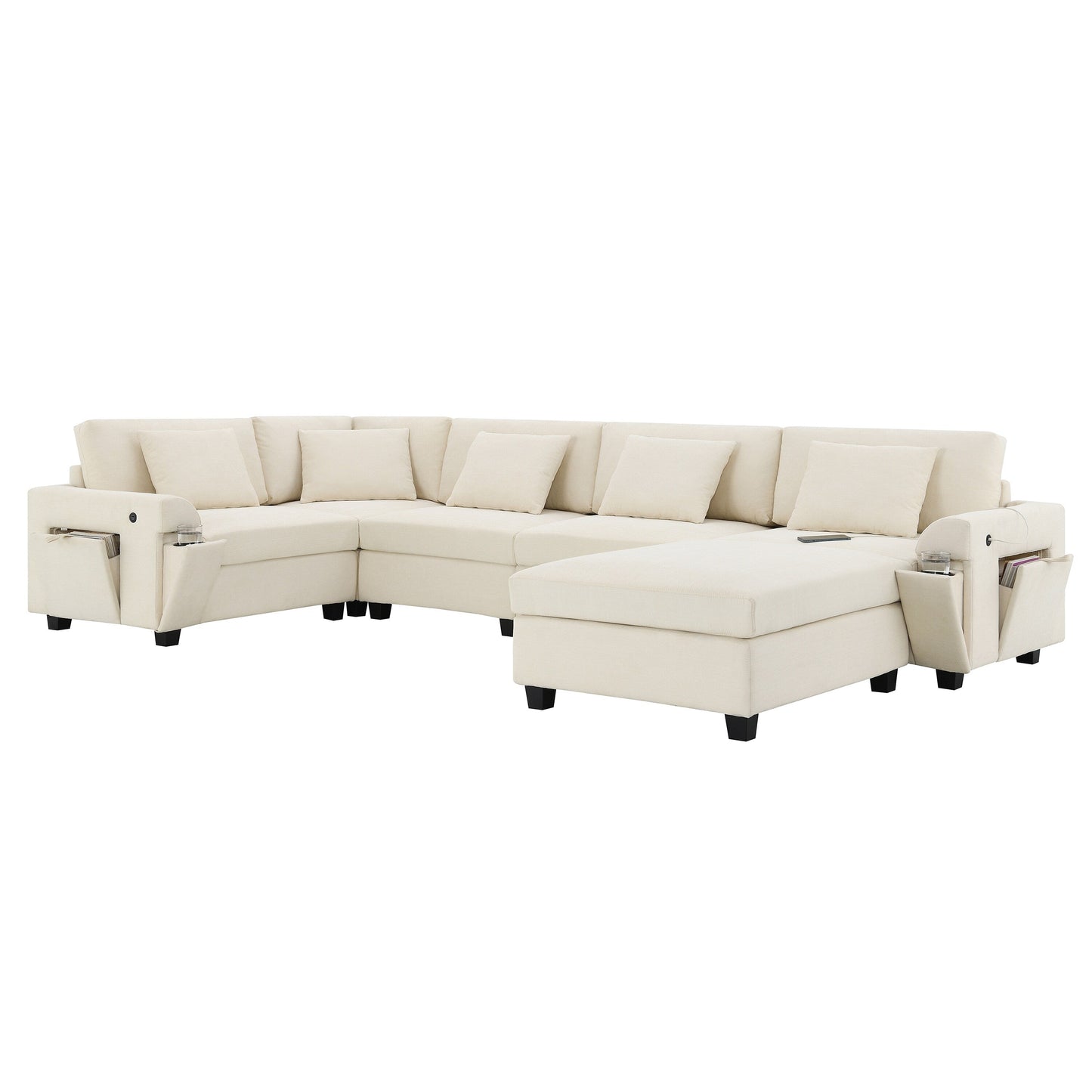 U Shaped Sectional Sofa,Chenille Couch Set With Ottoman,Hidden Armrest Storage And Cup Holders,Usb Charging Ports