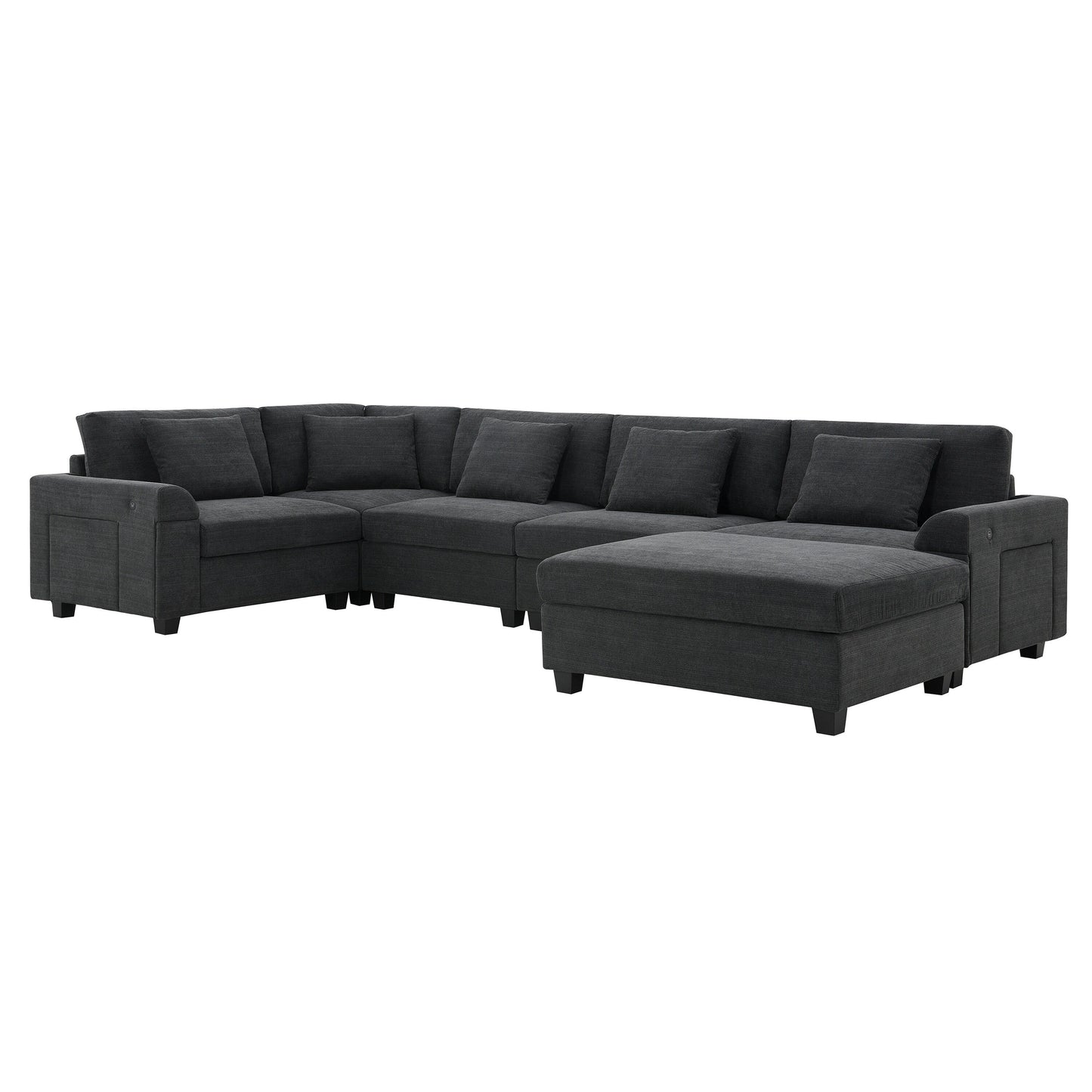 U Shaped Sectional Sofa,Chenille Couch Set With Ottoman,Hidden Armrest Storage And Cup Holders,Usb Charging Ports