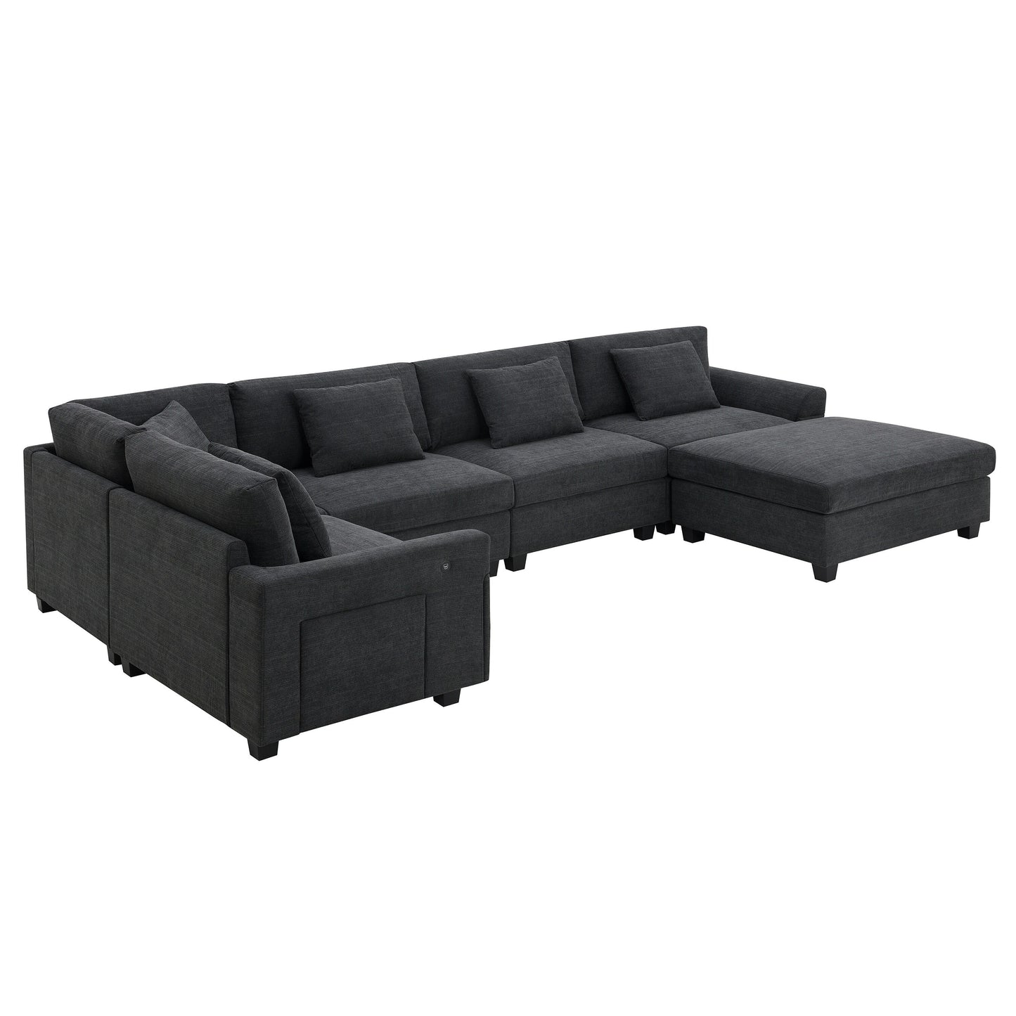 U Shaped Sectional Sofa,Chenille Couch Set With Ottoman,Hidden Armrest Storage And Cup Holders,Usb Charging Ports