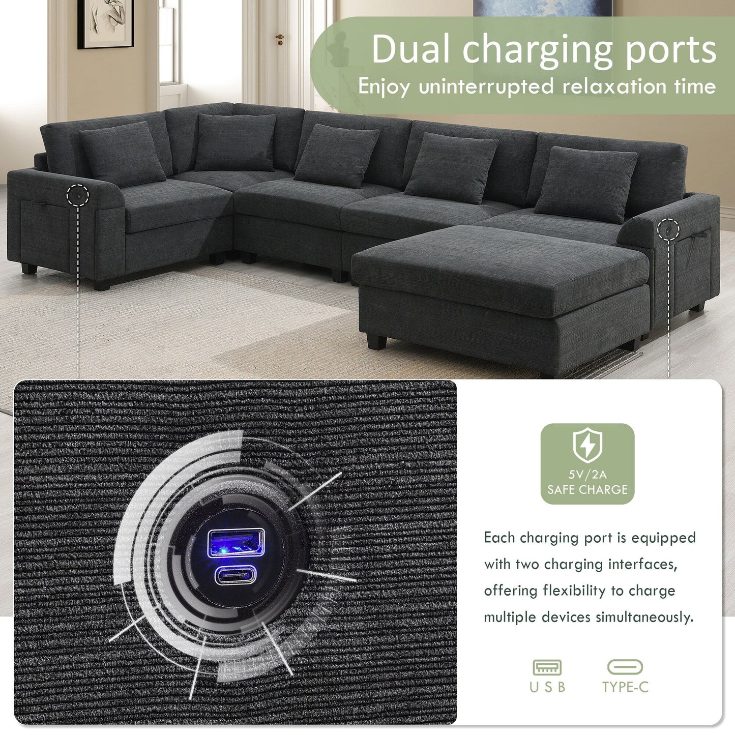 U Shaped Sectional Sofa,Chenille Couch Set With Ottoman,Hidden Armrest Storage And Cup Holders,Usb Charging Ports