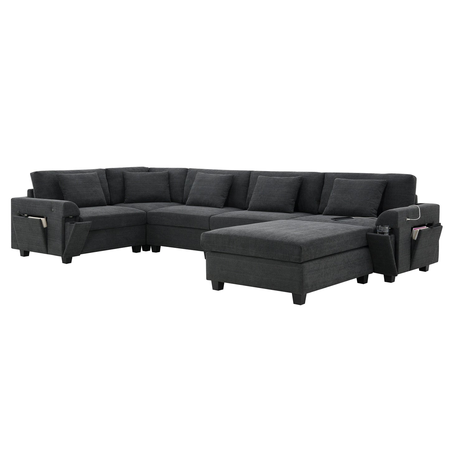 U Shaped Sectional Sofa,Chenille Couch Set With Ottoman,Hidden Armrest Storage And Cup Holders,Usb Charging Ports