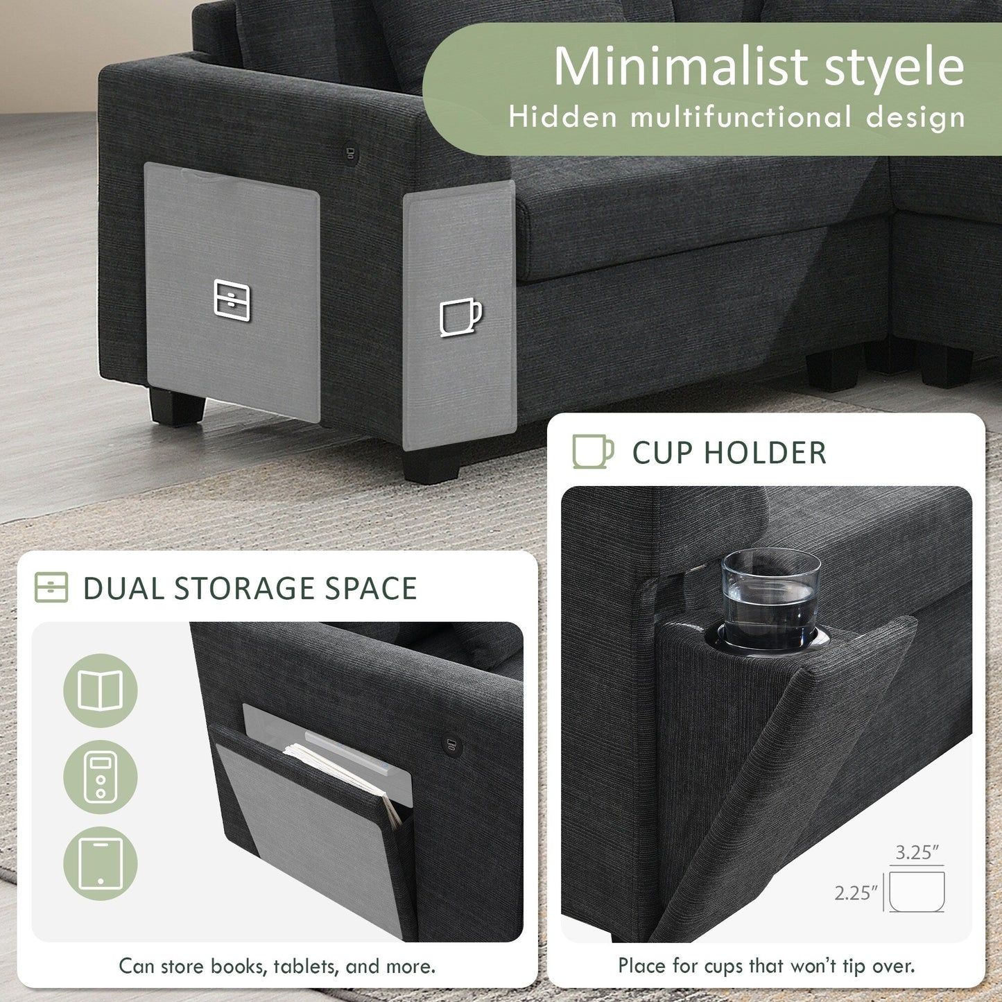 U Shaped Sectional Sofa,Chenille Couch Set With Ottoman,Hidden Armrest Storage And Cup Holders,Usb Charging Ports