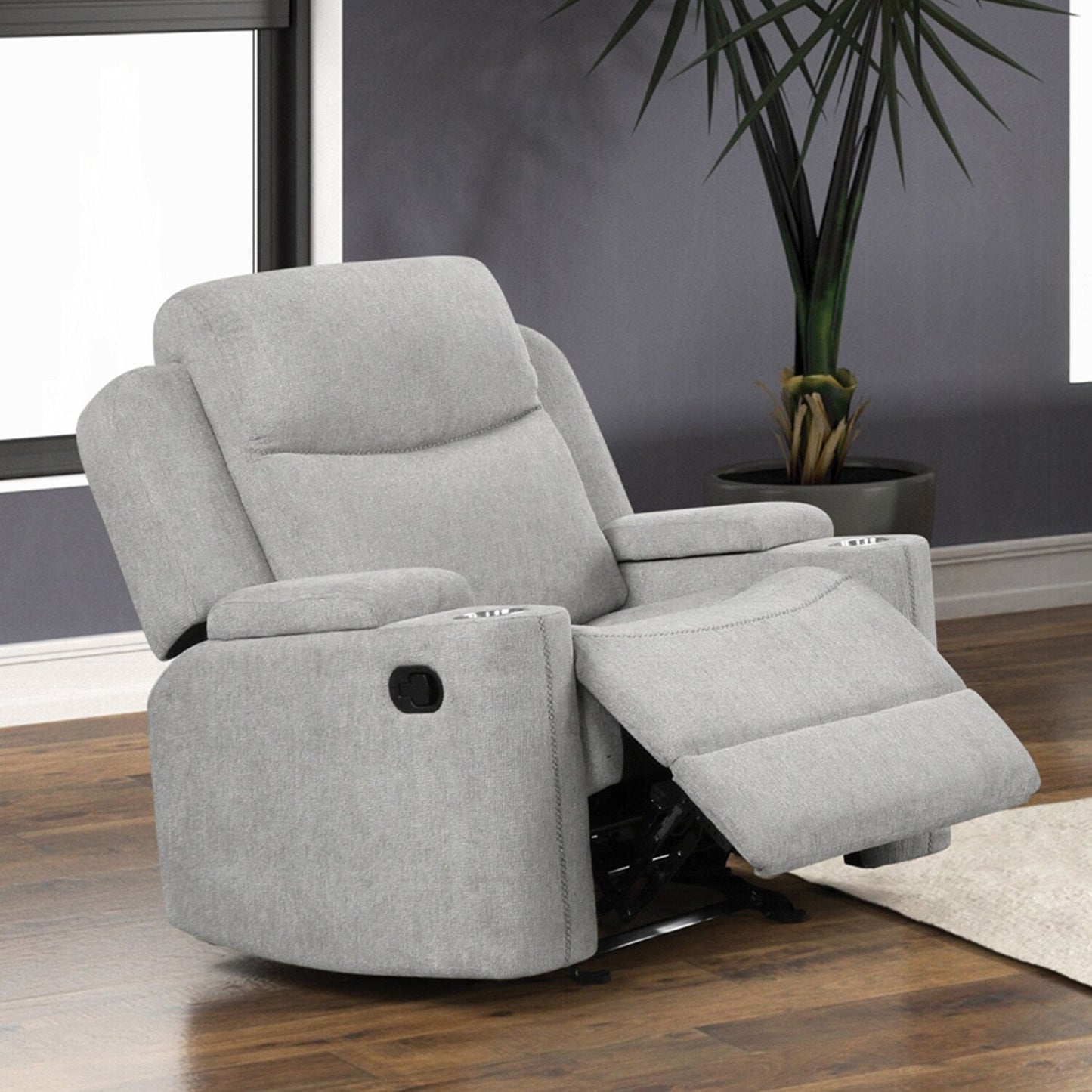 Upholstered Manual Motion Glider Recliner with 2 Cup Holders in Light Gray