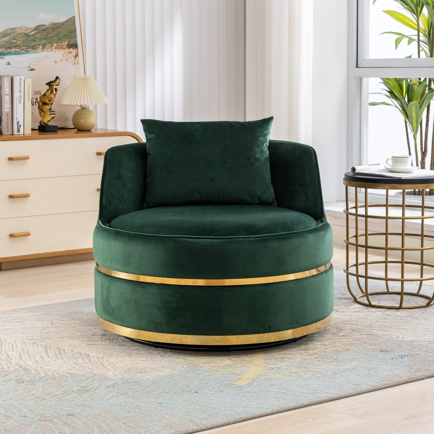 Velvet 360° Swivel Accent Chair with Seat Cushion, Upholstered Barrel Chair with Stainless Steel Base Living Room Chair