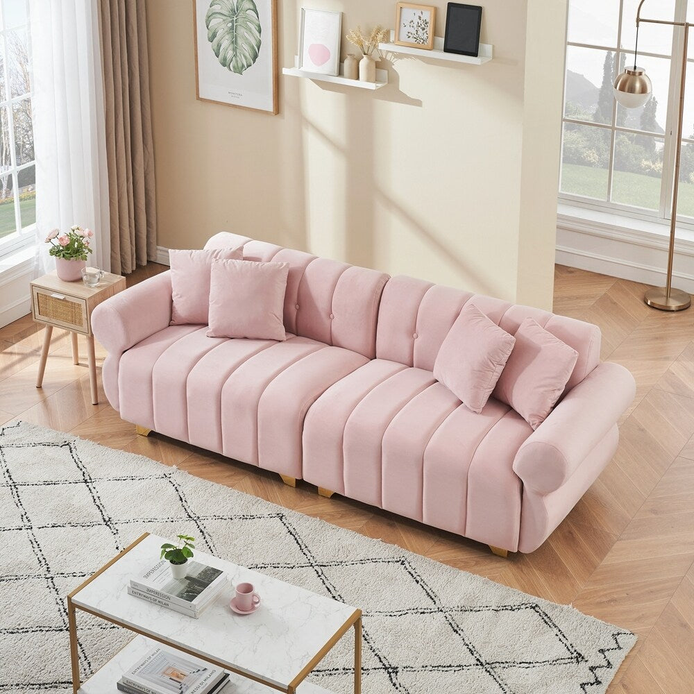 spring-wrapped Sofa cushions with stylish metal feet and 4 throw pillows