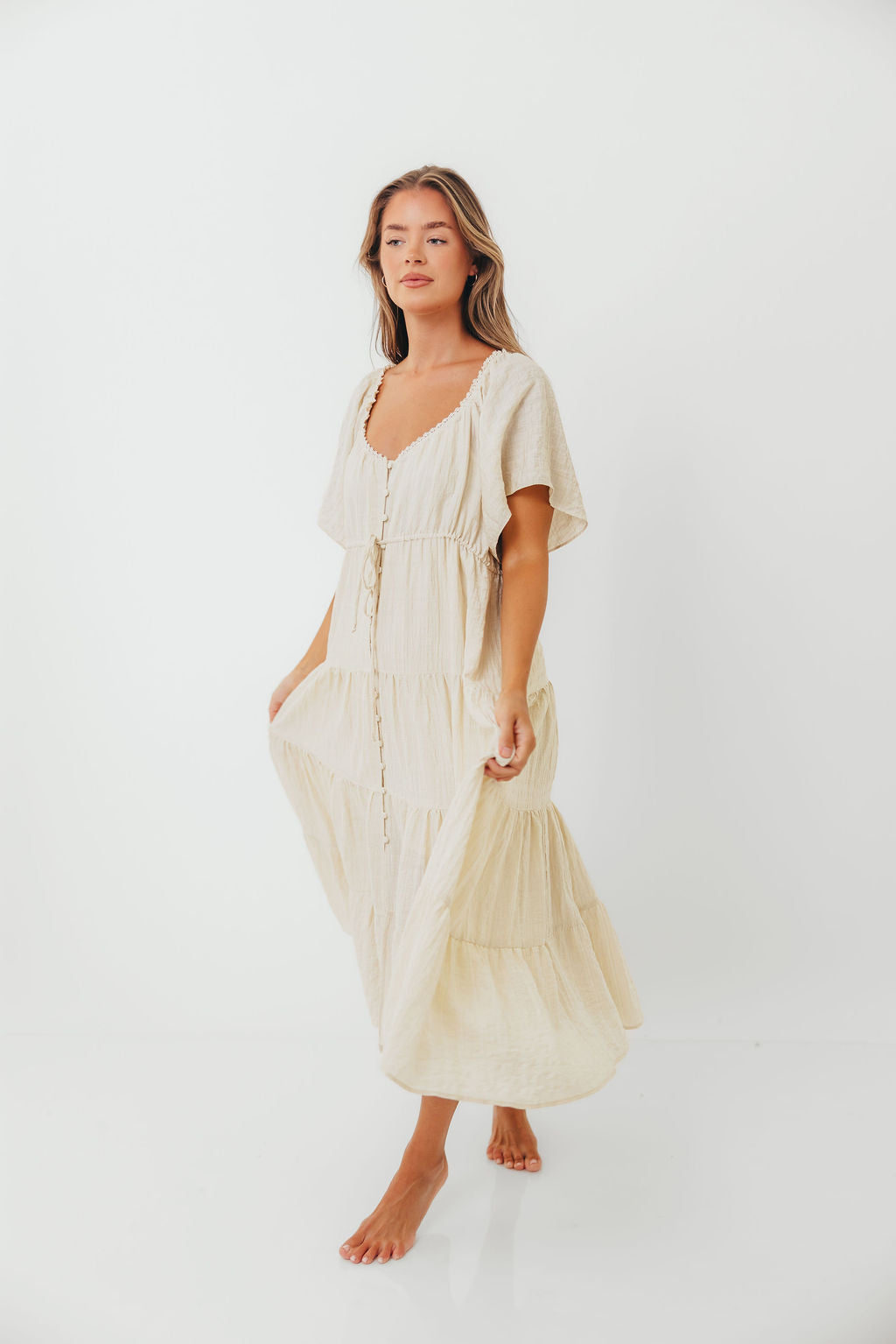 Rumi Woven Sweetheart Maxi Dress in Natural - Bump Friendly - Detachable Liner