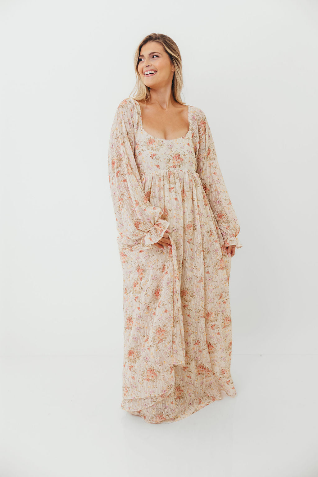 Rosey Woven Floral Print Empire Maxi Dress in Cream Multi - Bump Friendly